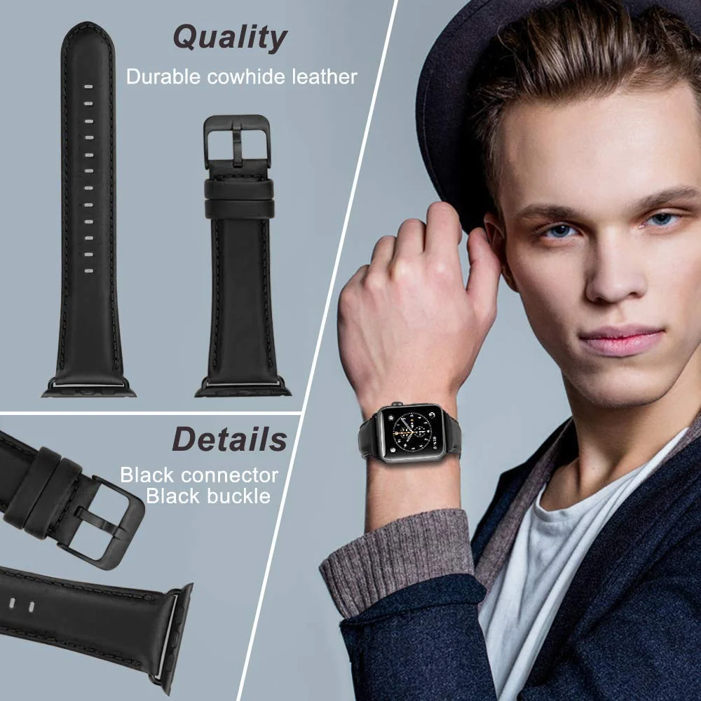DL3 Mobilak Compatible with Apple Watch Band 49mm 46mm 45mm 44mm 42mm Leather Band Replacement Strap, Soft Leather Bracelet for iWatch Series 11 10 9 8 7 6 5 4 SE SE2 Ultra 3 2 1 - Black