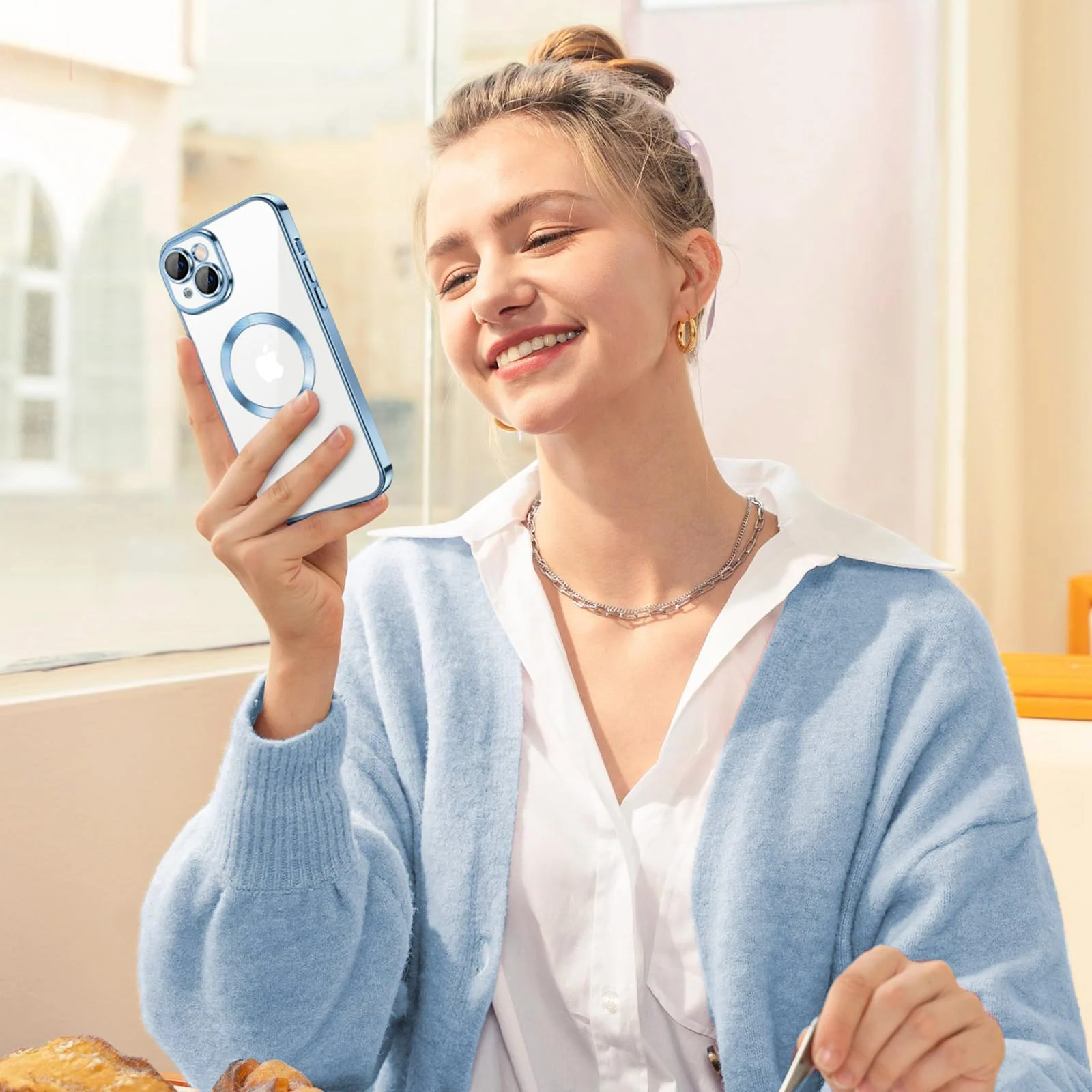 DL3 Mobilak Clear TPU Case with Electroplated Edges for iPhone 14 with Camera Protection and Anti-Yellowing Design - Sierra Blue