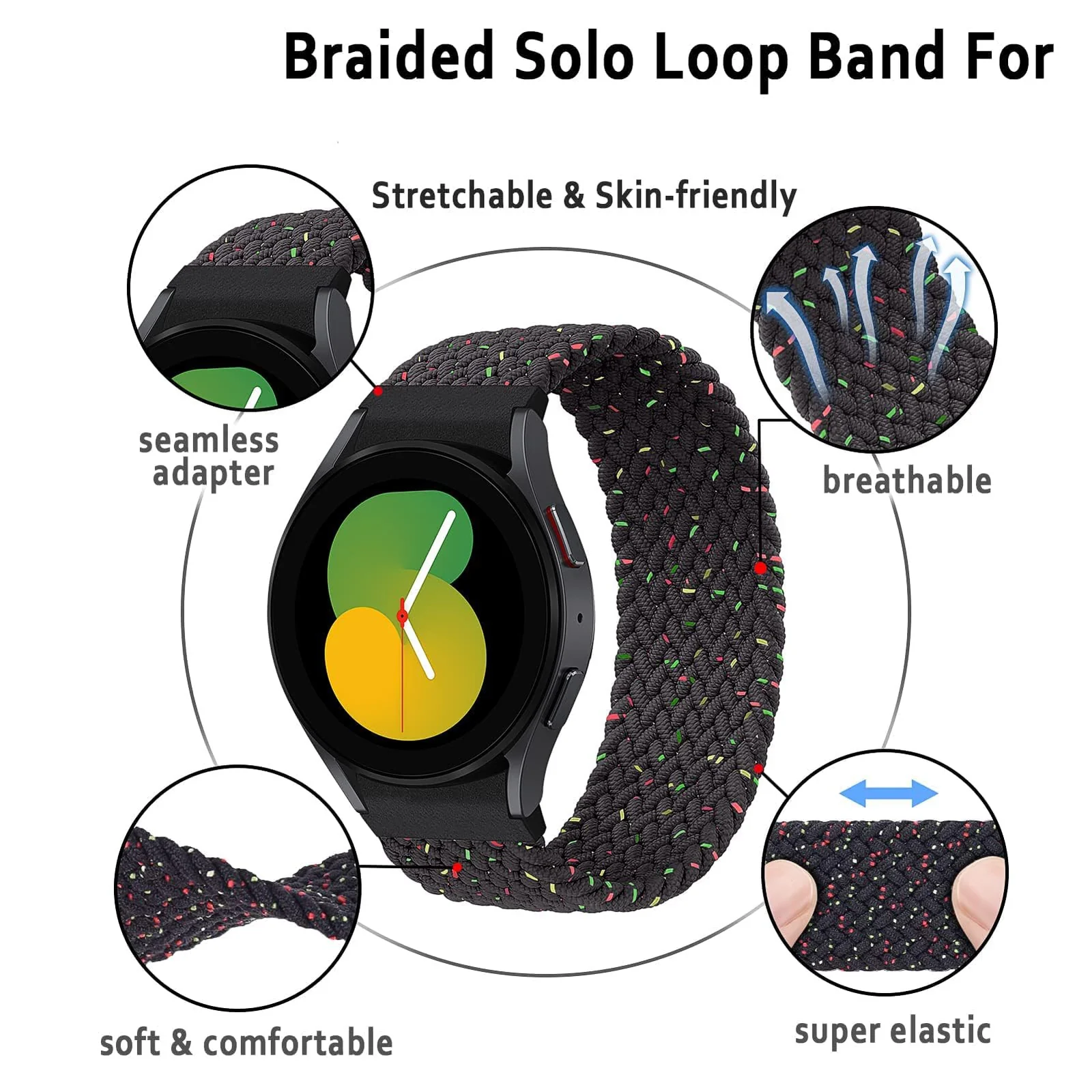DL3 MOBILAK Band 20MM Nylon Braided Solo Loop Strap Compatible with Samsung Gear Sport/Watch 6/5/4 40mm 44mm/Watch 6 Classic 43mm 47mm/5 Pro 45mm/active 2 40mm 44mm (Medium) - Black Unity