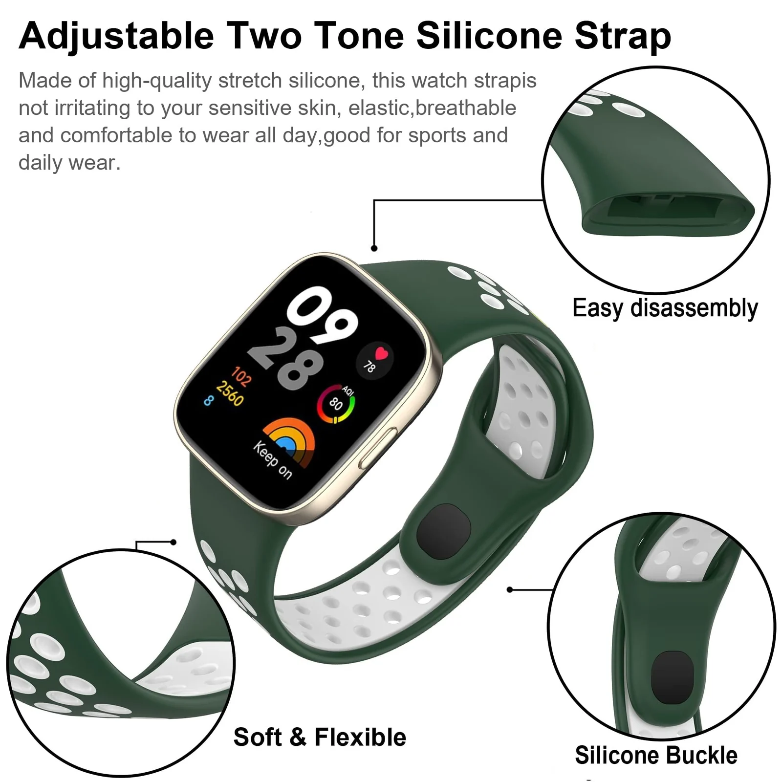 DL3 Mobilak Strap For Xiaomi Redmi Watch 3 (Not for Redmi Watch 3 Lite/Active), [Breathable] Soft Silicone Strap, Two Tone Band, Silicone Replacement Strap - Black