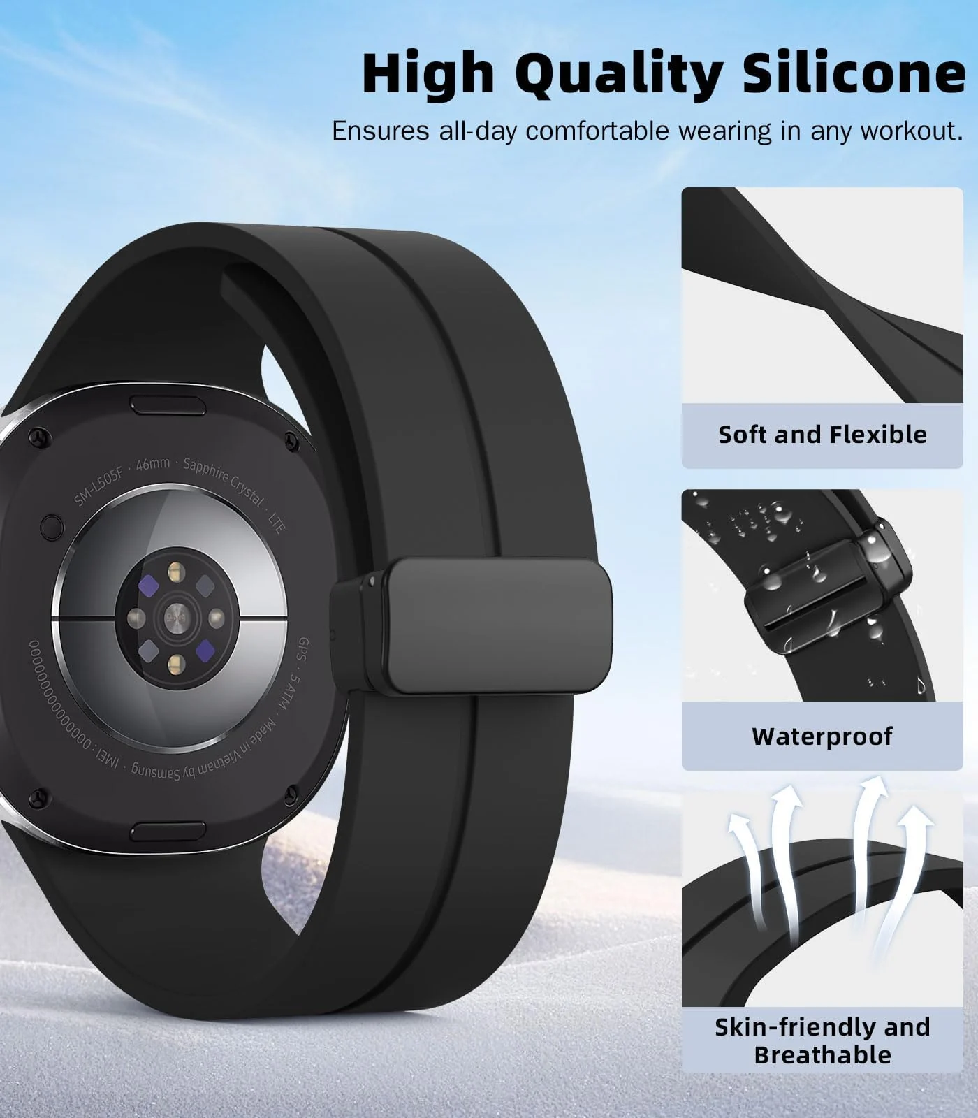DL3 Mobilak Silicone Strap for Samsung Galaxy Watch 8 40mm/44mm, Men's and Women's Adjustable Sports Silicone Magnetic Buckle Bands for Samsung Galaxy Watch 8 Classic 46mm 2025 - Black