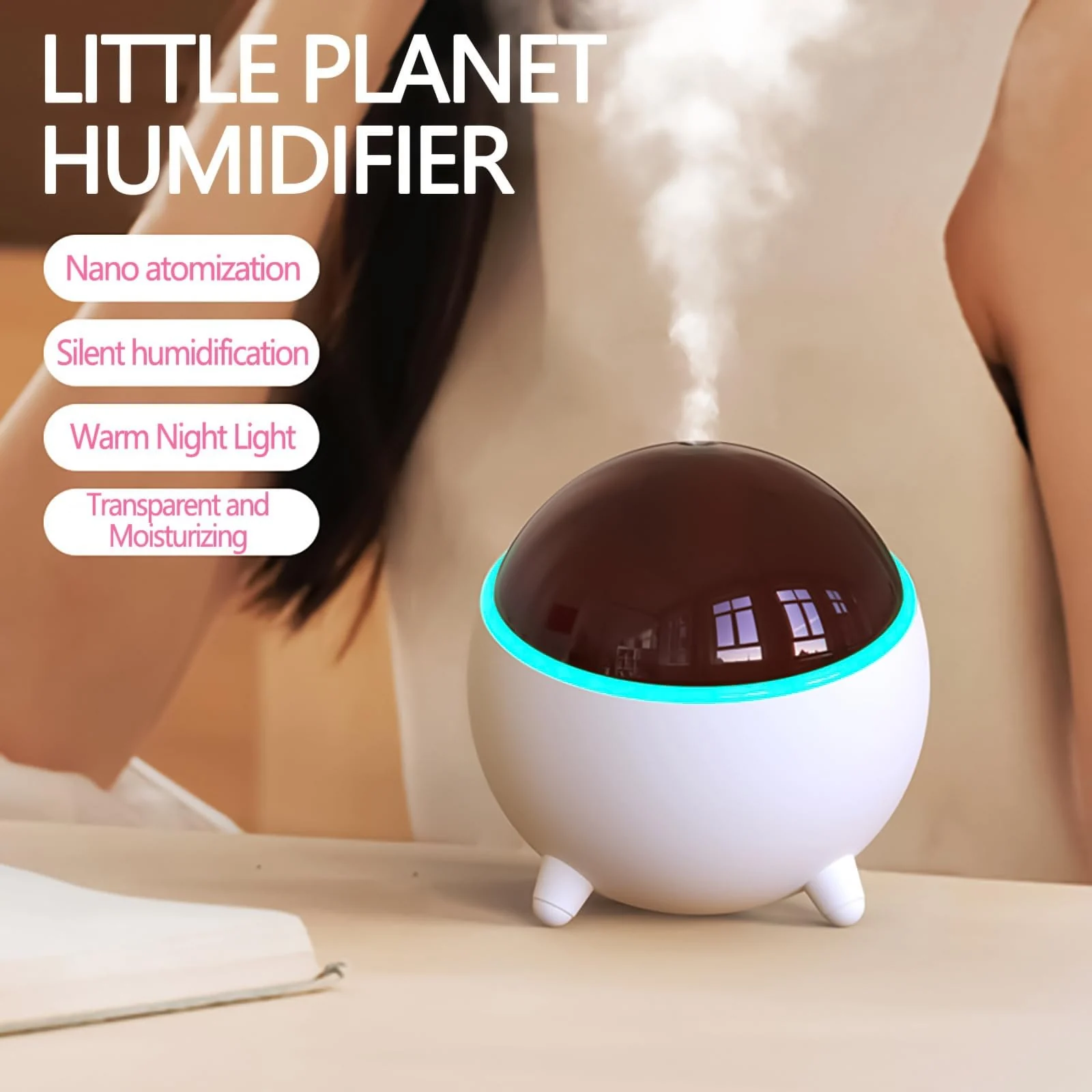 Mobigon Wood Cool Mist Ultrasonic Humidifier for Room Moisture, Aroma Diffuser for Home, 300ml Essential Oil Diffuser with 7 Colorful Night Light, Auto Shut-Off, Home, Office, car - White