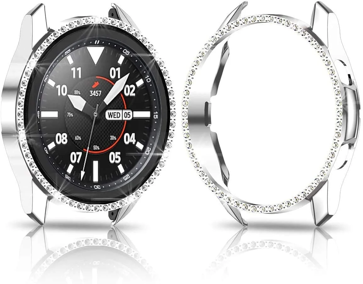 DL3 Mobilak Bumper Diamond Case Compatible with Samsung Galaxy Watch 3 45MM, Bling Crystal Diamonds PC Plastic Protector Case Cover Frame for Galaxy Watch3 45 MM - Silver