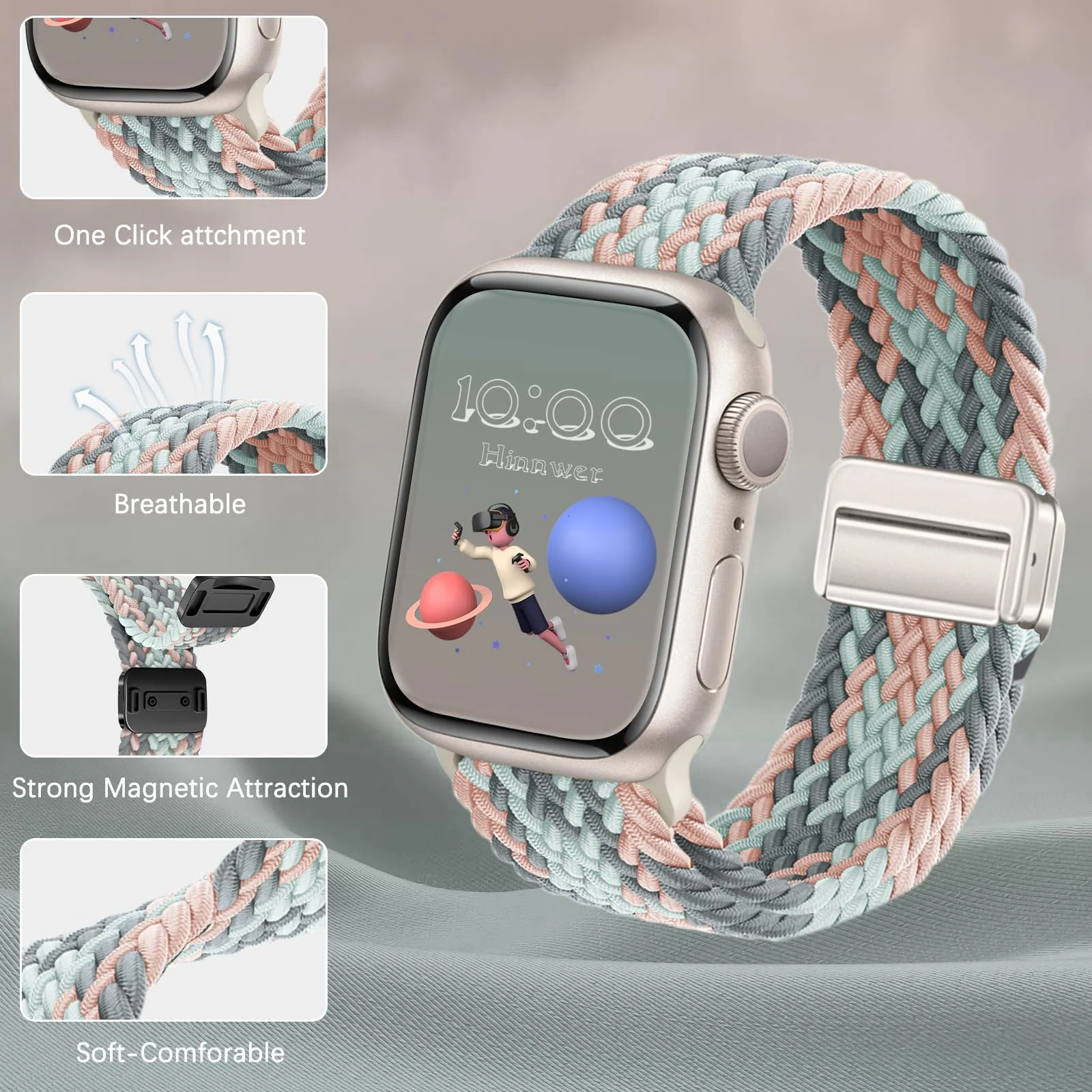 DL3 Mobilak Sport Solo Loop Compatible with Apple Watch Band 42mm 44mm 45mm 46mm 49mm for Women Men, Magnetic Strap Stretchy Braided Wristband for iWatch Series 11 10 9 8 7 6 5 4 3 Ultra 3 2 1 SE SE2 - Ash Pink Blue