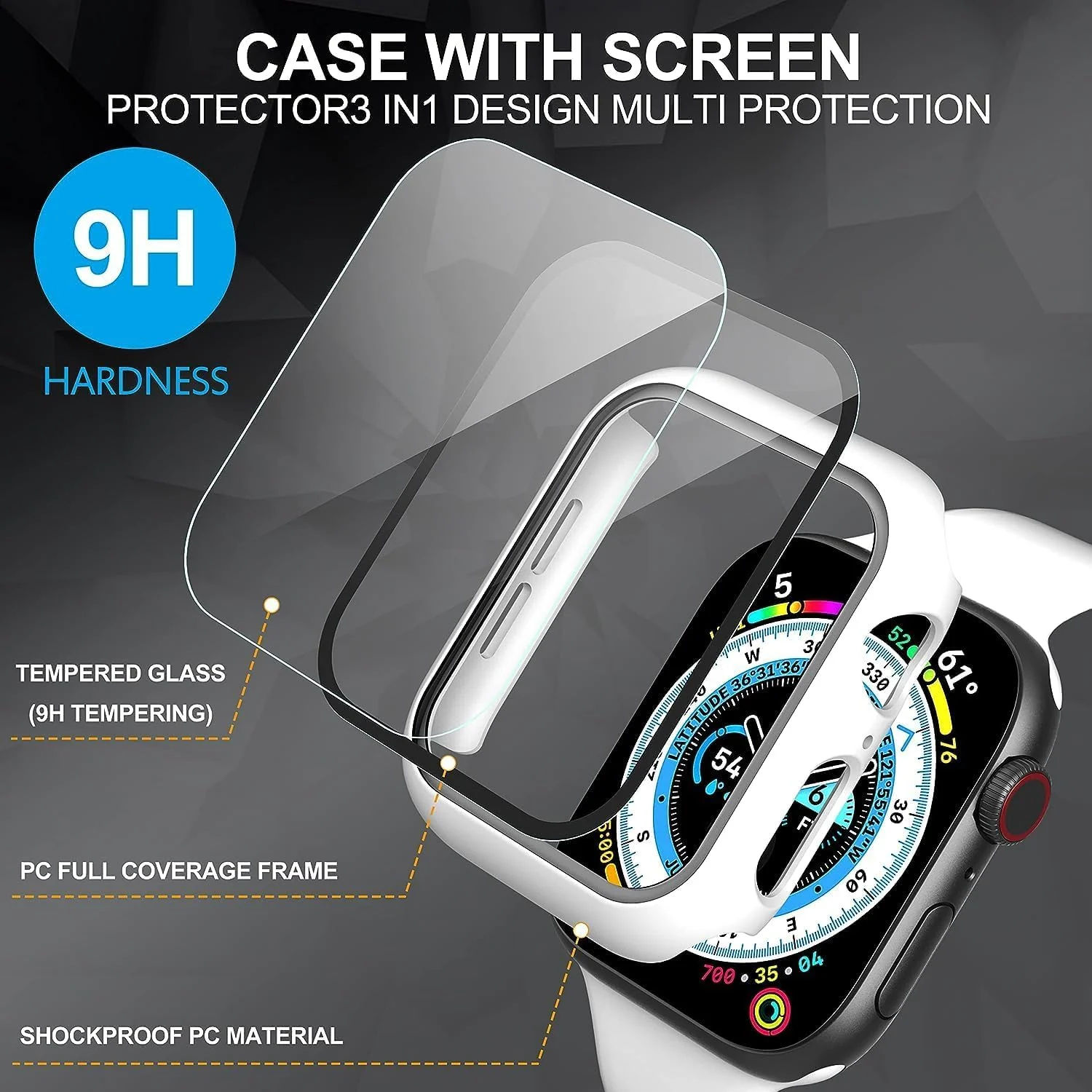 DL3 Mobilak Hard Case Designed for Apple Watch Series 8/7/6/5/4/Series SE/SE 2 44mm, Built-in 9H [HD Clear] Tempered Glass Screen Protector, [Full Protection] Slim Cover for 44mm - White