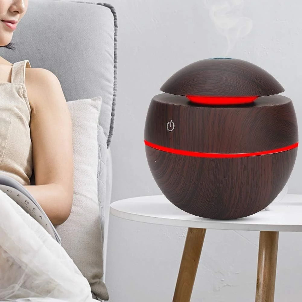 Mobigon Wood Cool Mist Ultrasonic Humidifier for Room Moisture, Aroma Diffuser for Home, 200ml Essential Oil Diffuser with 7 Colorful Night Light, Auto Shut-Off, Home, Office, car - A.Dark Brown