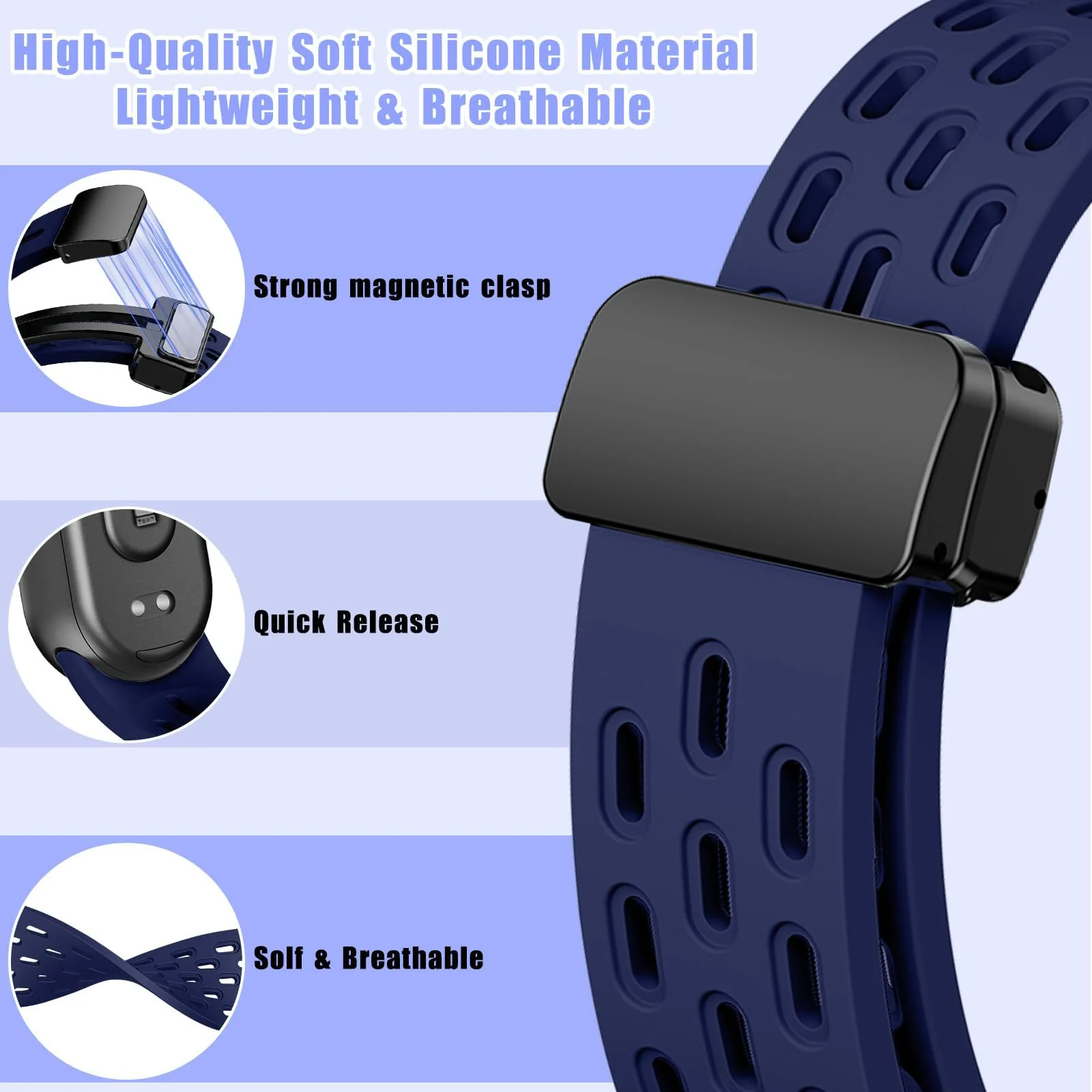 DL3 Mobilak Strap For Xiaomi Mi Band 10/9/8 Magnetic Metal Buckle Sport Silicone Breathable Strap for Men Women Band Quick Release Soft Replacment Wristband For Xiaomi Smart Band 8/9/10 - Blue