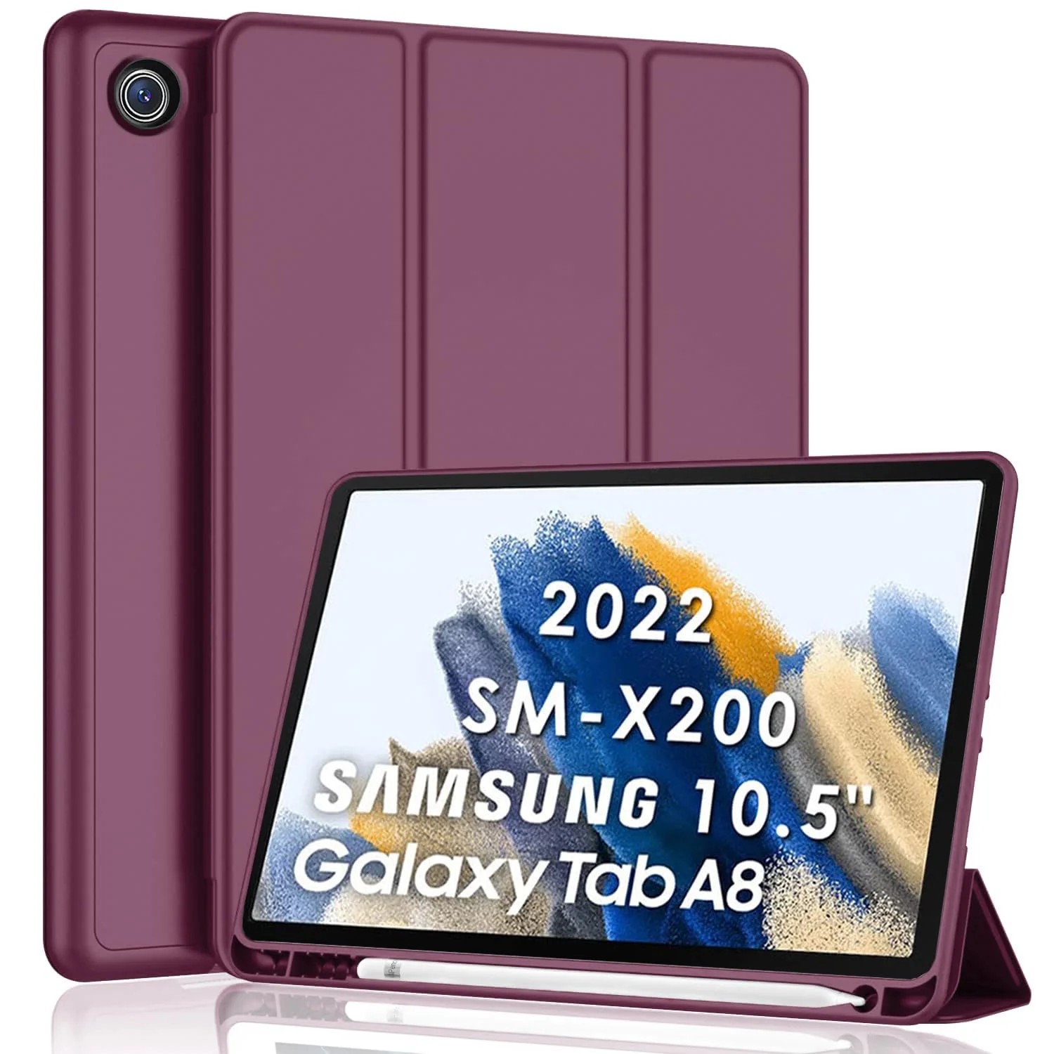 DL3 Mobilak Smart Case for Samsung Galaxy Tab A8 10.5 Inch 2021(-X200/-X205/-X207) with Pencil Holder, Soft TPU Smart Stand Back Cover Auto Wake/Sleep Feature - Wine Red