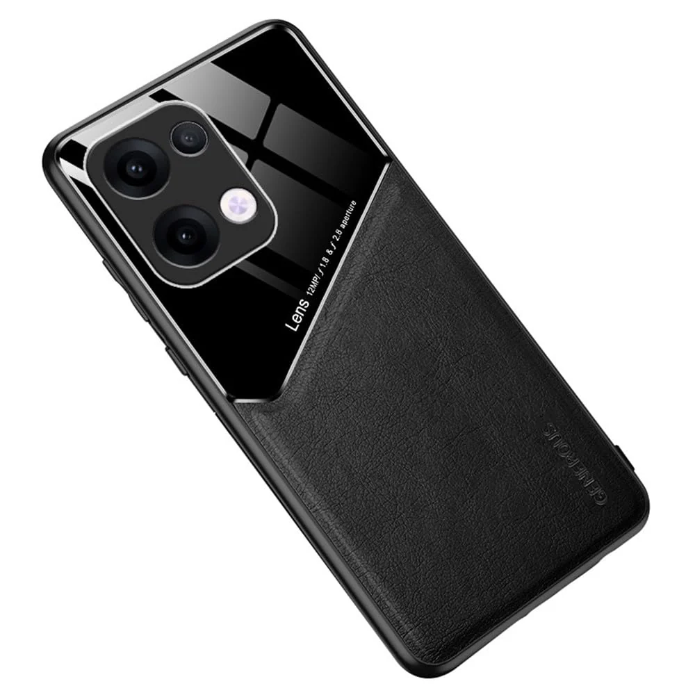 DL3 Mobilak Luxury Case For OPPO Reno 13 5G, Ultra-Thin Soft TPU Frame, Back Leather Mixed Double+Plexiglass Protective Cover With Built-in Car Magnetic - Black