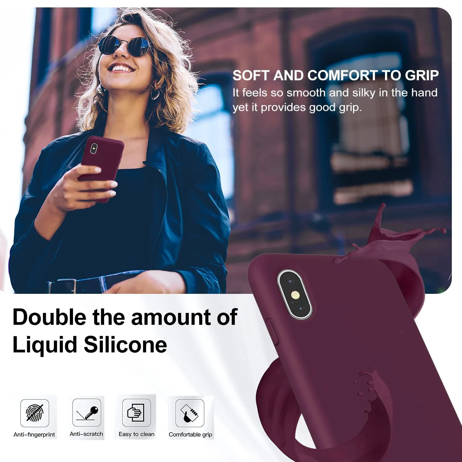 DL3 Mobilak Liquid Silicone Protective Case with Soft Microfiber Lining for iPhone X / iPhone XS - Wine Red