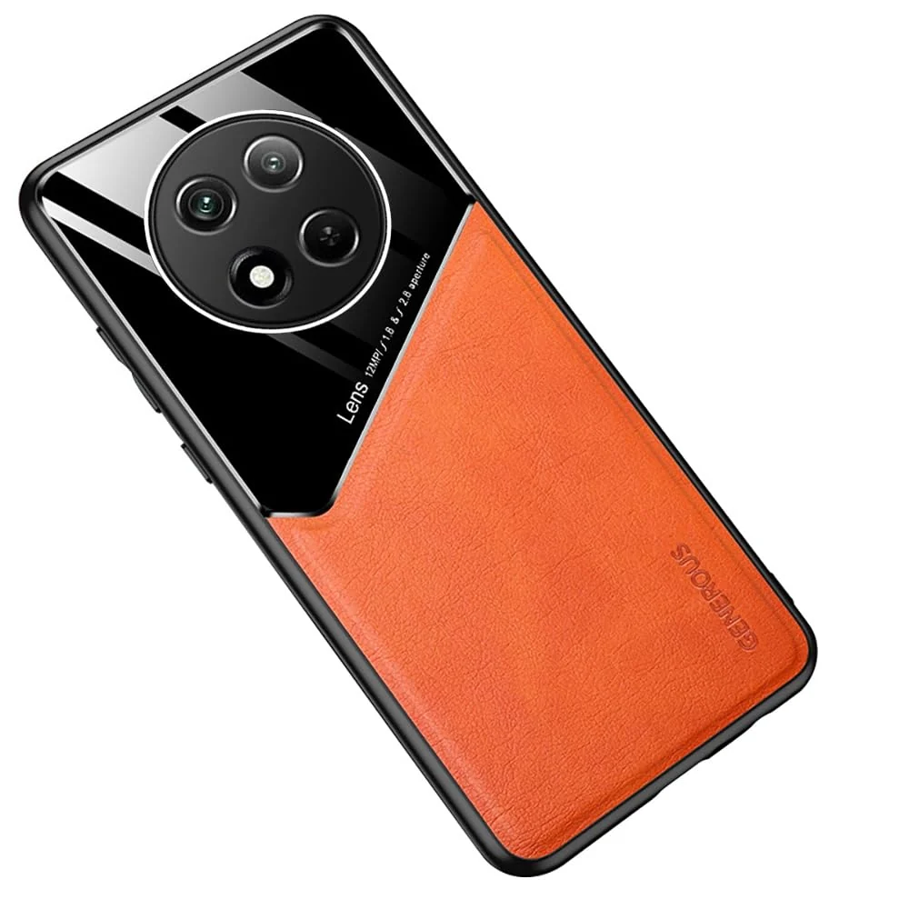 DL3 Mobilak Luxury Case For Honor X9C, Ultra-Thin Soft TPU Frame, Back Leather Mixed Double+Plexiglass Protective Cover With Built-in Car Magnetic - Orange