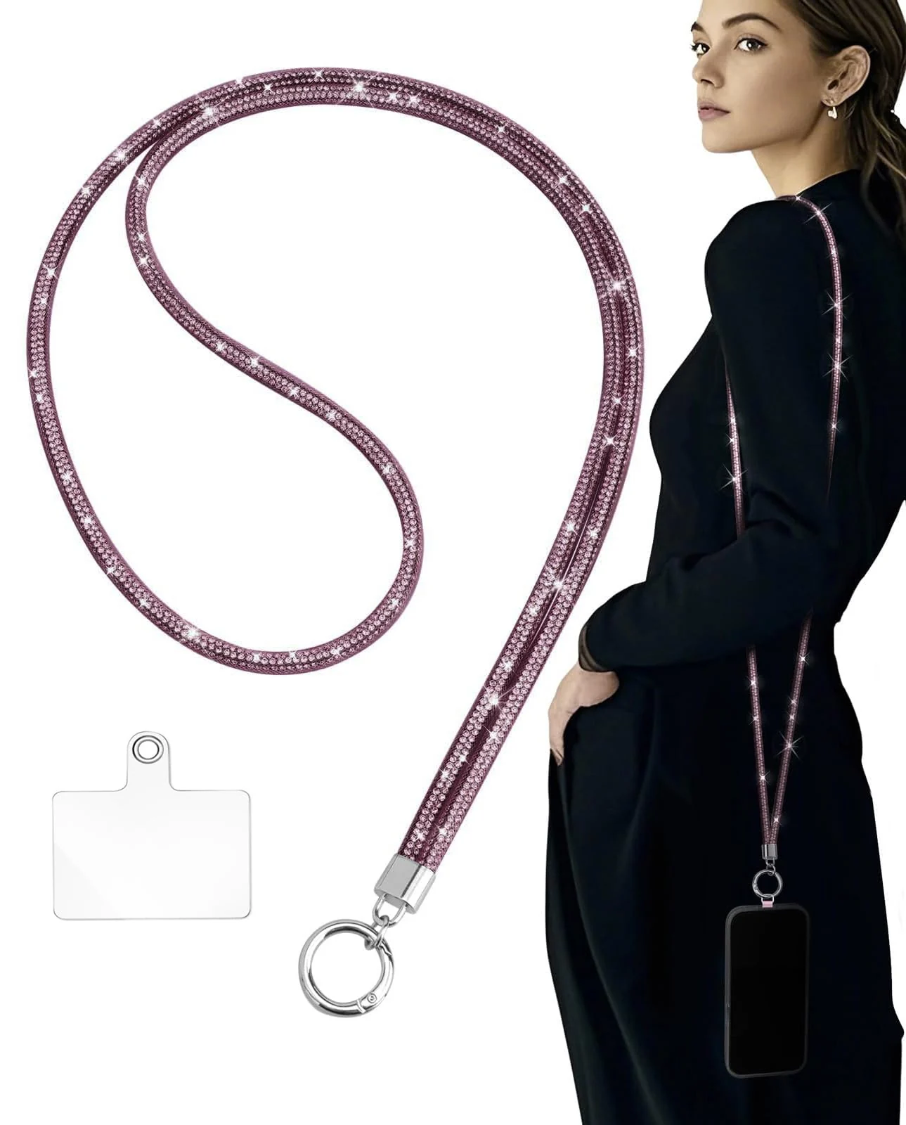 DL3 Mobilak Universal Phone Lanyard Crossbody, Rhinestone Cell Phone Chain Anti-Theft with 1× Shiny Phone Strap, 1× Pad for Most Smartphones, Diamond Phone Neck Holder for Women - Rose Pink