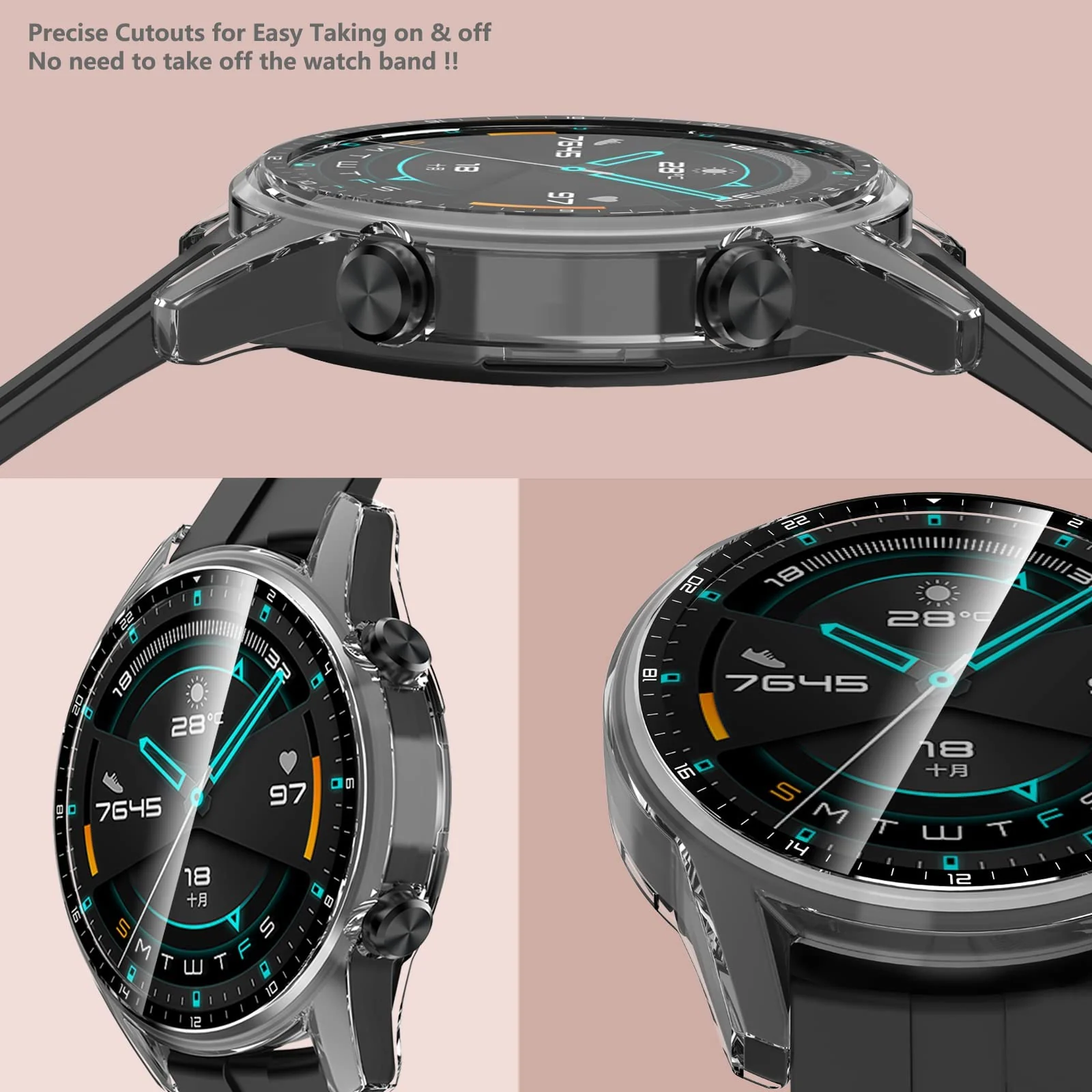 DL3 Mobilak Case Compatible with Huawei Watch GT2 46mm PC Cover with Bezel Tempered Glass Protection, Ultra Thin Full Protection for Huawei Watch GT 2 46 mm Protective Case - Clear