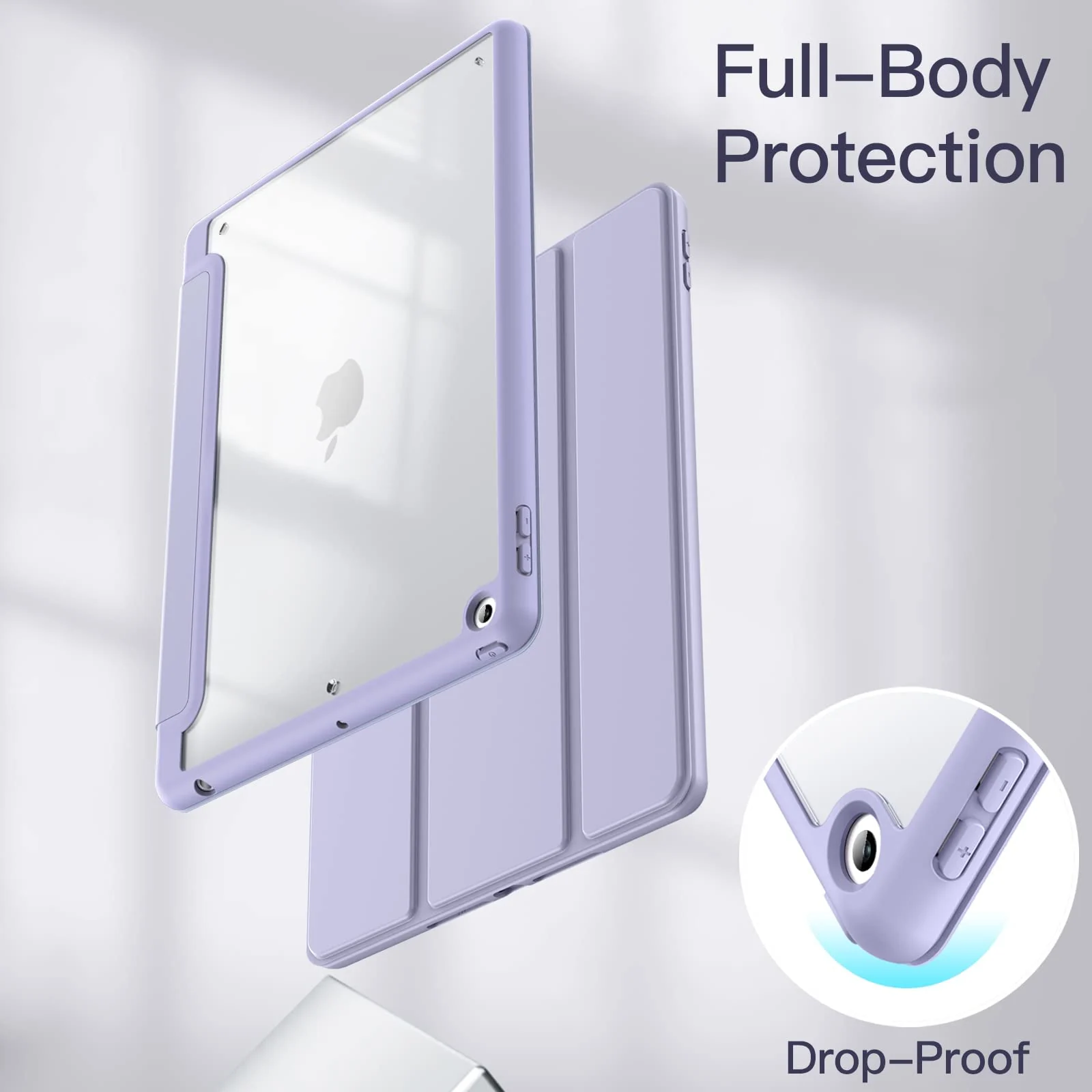 DL3 Mobilak Case for iPad 10.2-Inch (9th/8th/7th Generation, 2021/2020/2019), Clear Shockproof Back Cover Built-in Pencil Holder, Auto Sleep/Wake - Lavender