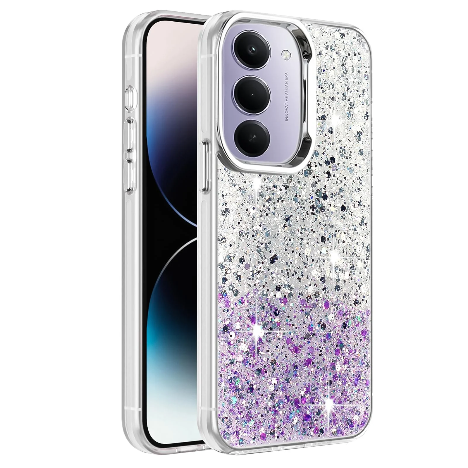 Dl3 Mobilak Compatible with Xiaomi Redmi 15 Case, Clear Glitter Bling Sparkly, Soft TPU Frame Bumper, Hard-Back Cover for Women & Girls, Transparent Protective Phone Case (White Green)