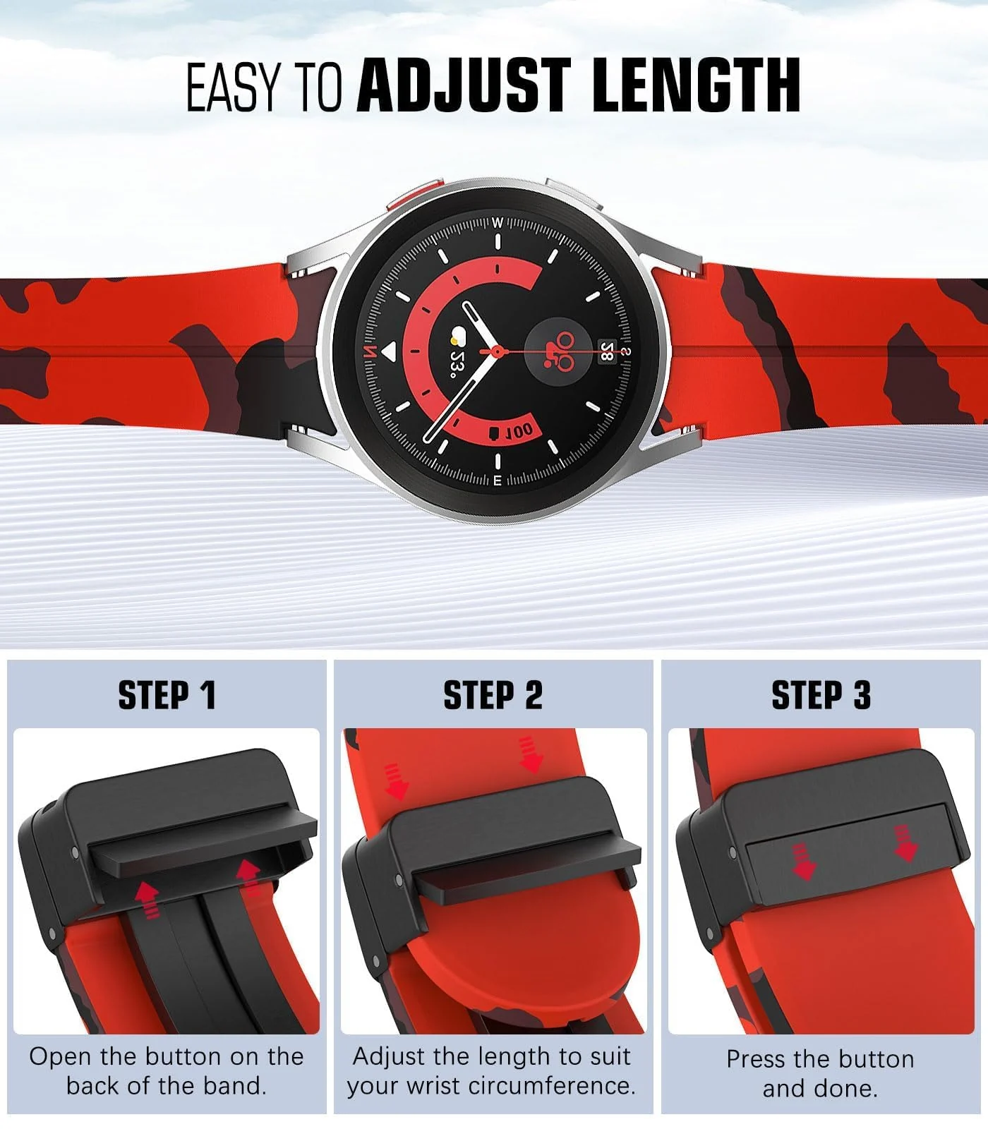 DL3 Mobilak Magnetic Band for Samsung Galaxy Watch 6 Classic 47mm 43mm/5 Pro 45mm/Watch 7 FE 6 5 4 44mm 40mm/4 Classic 46mm 42mm, Silicone Strap for Samsung Watch 5 Pro 45mm, No Gap Buckle (Camouflage) - Camouflage Red