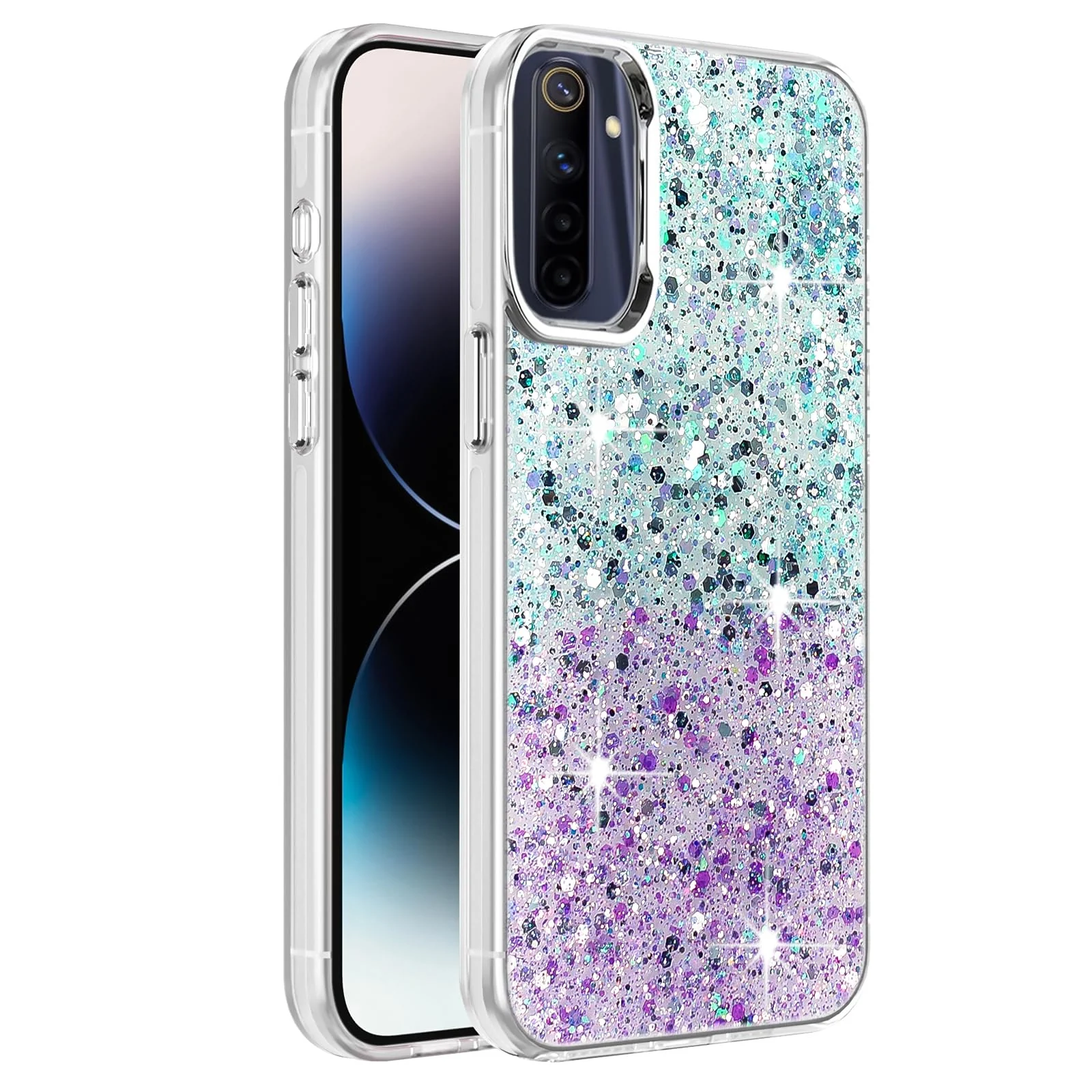 DL3 Mobilak Glitter Protective Case for OPPO realme 6 Pro, Supports wireless charging, Camera protection, Shock-absorbing protection - Green Purple
