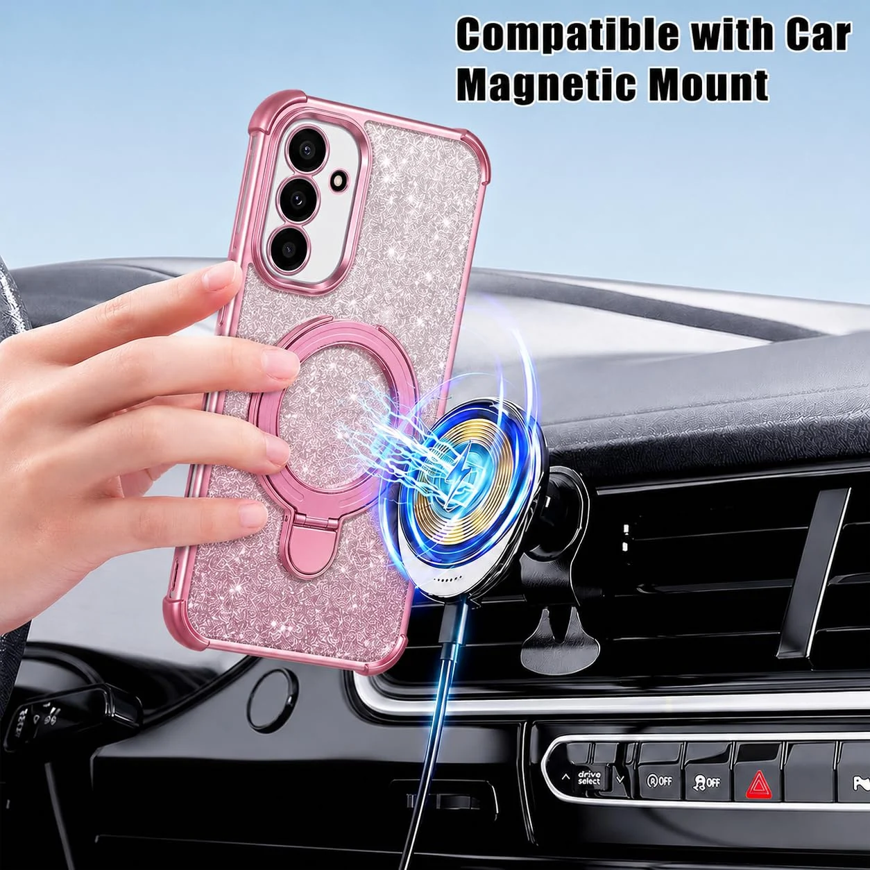 Mobigon Glitter Phone Case Compatible with OPPO A15 / OPPO A15S, Magnetic Ring Stand Shockproof Cover, Clear Soft TPU Bumper with Full Camera Protection - Pink
