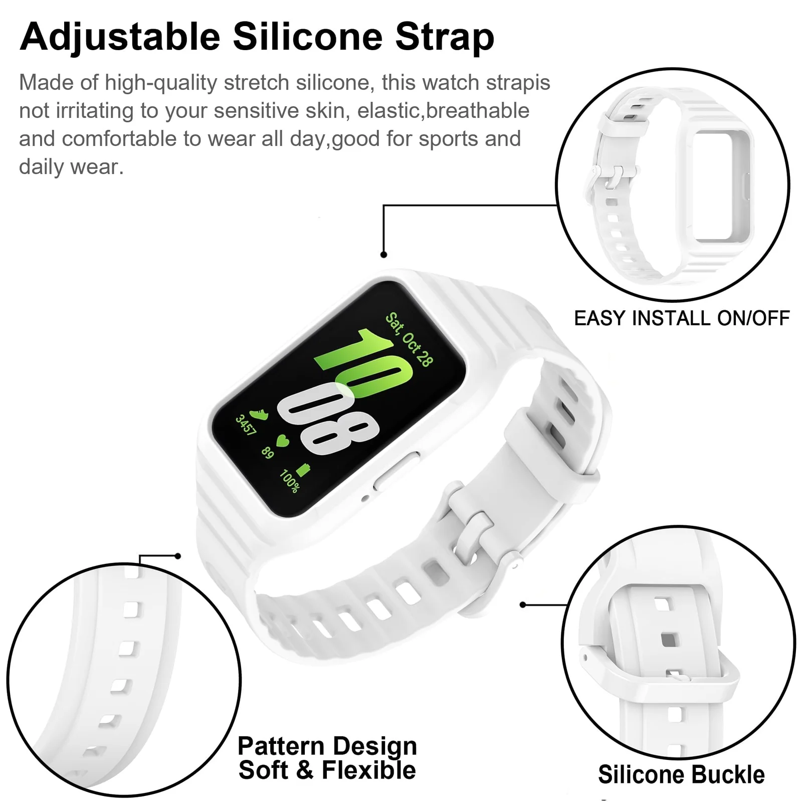 DL3 Mobilak Strap Compatible with Samsung Galaxy Fit 3 SM-R390, Silicone Sport Band Replacement Watchband with Bumper Case for Samsung Galaxy Fit 3, Adjustable Wristband - White