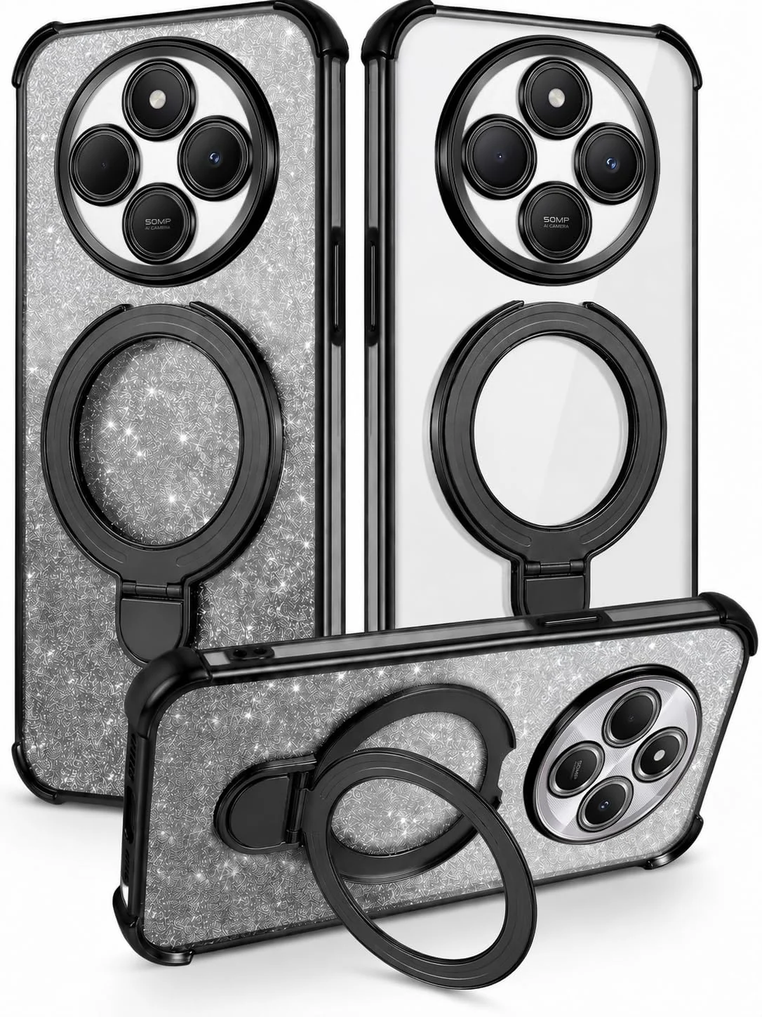 Mobigon Glitter Phone Case Compatible with Xiaomi Redmi 14C/Redmi A4/Poco C75, Magnetic Ring Stand Shockproof Cover, Clear Soft TPU Bumper with Full Camera Protection