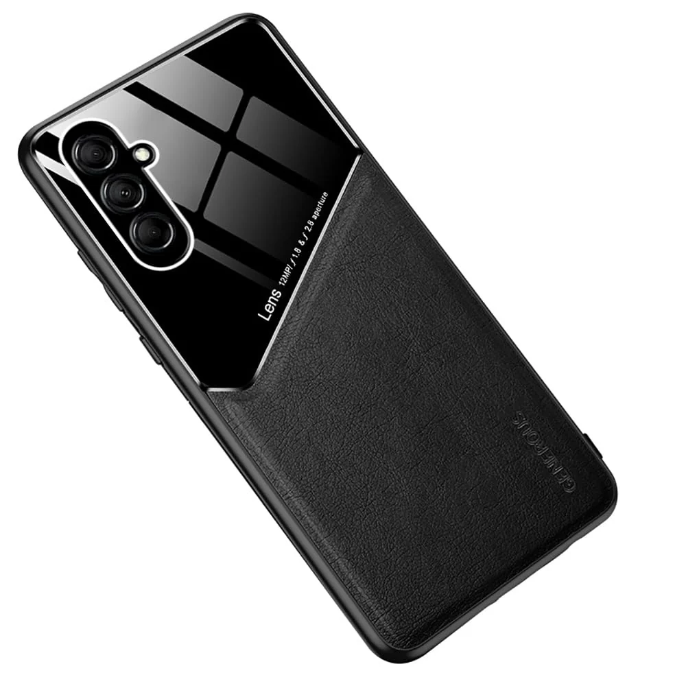 DL3 Mobilak Faux Leather and Plexiglass Protective Case with TPU Frame and Magnetic Car-Mount Support for Samsung Galaxy A16 5G / 4G - Black