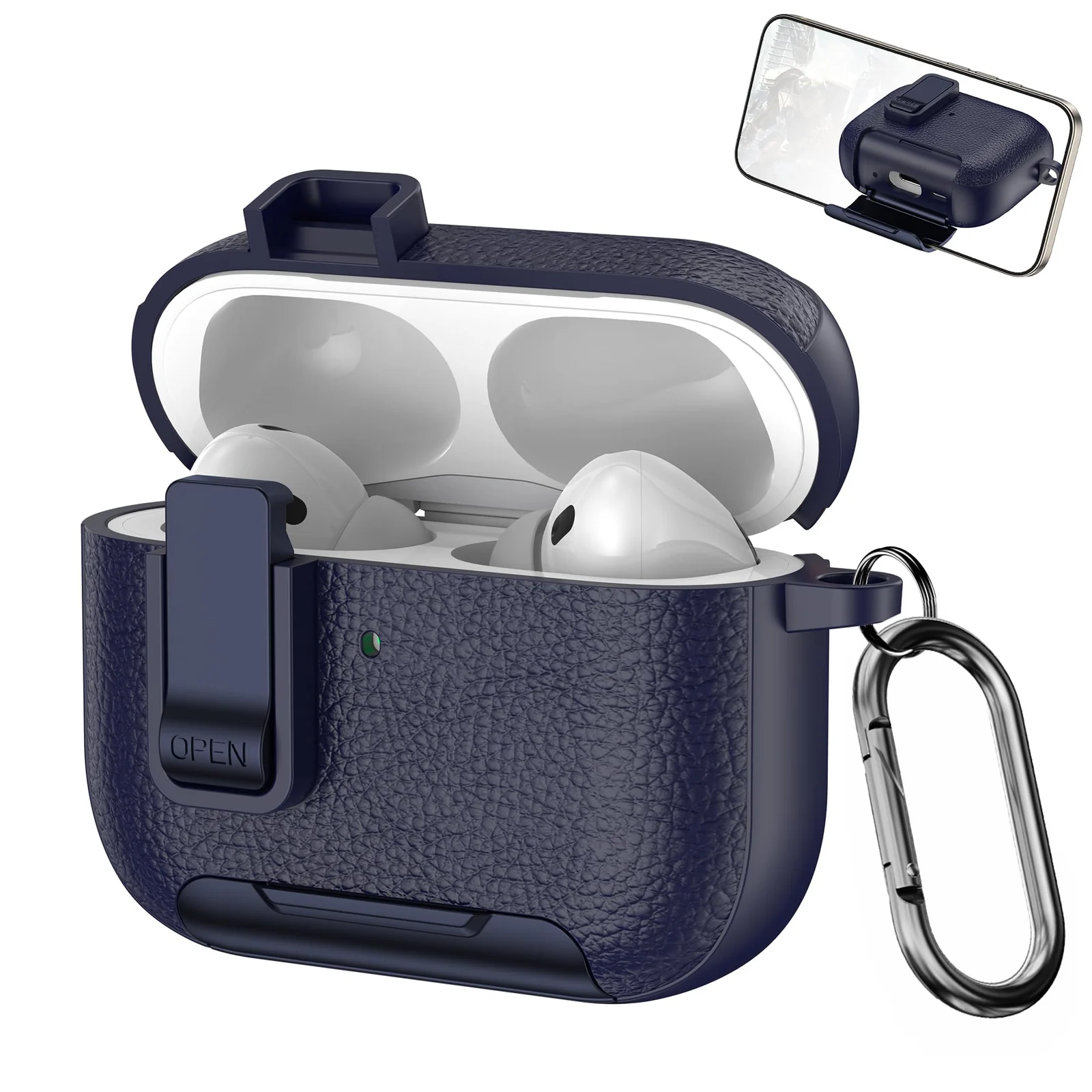Mobigon for AirPods Pro 2nd / 1st Leather Case with Secure Lock Clip, Support Wireless Charge, Stand and Charging Port Dustproof Design with Carabiner for AirPods Pro 1/2