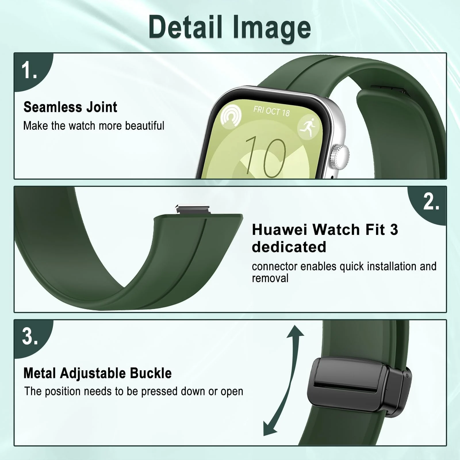 DL3 Mobilak Silicone Strap Compatible with Huawei Watch Fit 3 Magnetic Metal Stainless Buckle Sport Silicone Strap for Huawei Watch Fit3 Band Quick Release Soft Replacment Wristband - Green