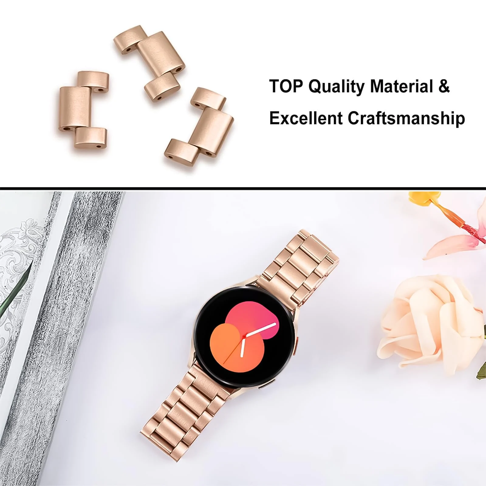 DL3 Mobilak Metal Band 20MM Strap for Samsung Gear Sport, Watch 4/5/5 Pro, S2 Classic, Active 2 40mm 44mm, Amazfit GTS 3/4/4 Mini, Bip 3/Pro/U, GTS 2 Mini/2e - Rose Gold