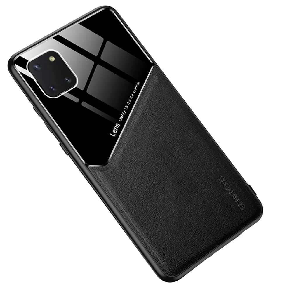 DL3 Mobilak Faux Leather and Plexiglass Protective Case with TPU Frame and Magnetic Car-Mount Support for Samsung Galaxy Note 10 Lite - Black