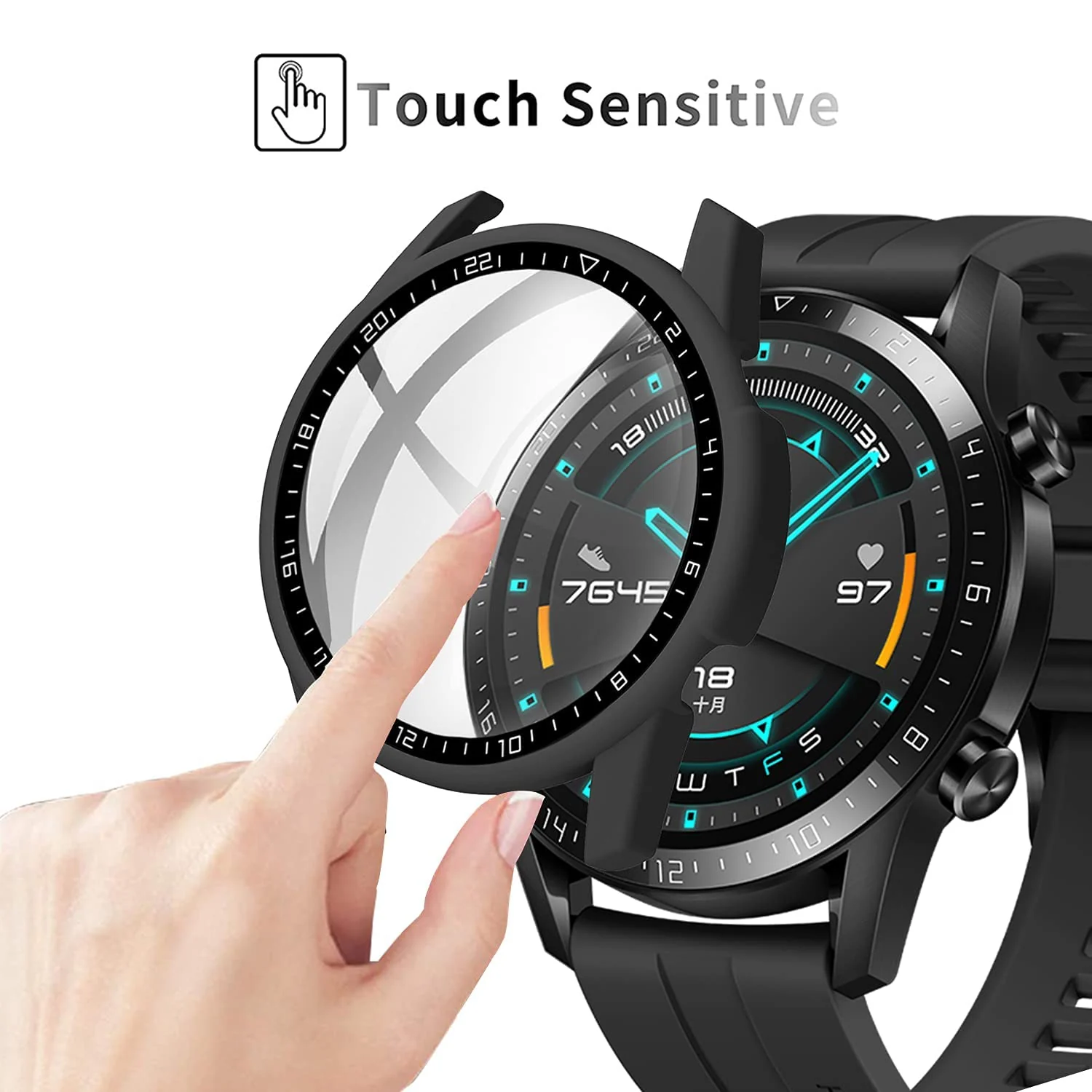 DL3 Mobilak Case Compatible with Huawei Watch GT2 46mm PC Cover with Bezel Tempered Glass Protection, Ultra Thin Full Protection for Huawei Watch GT 2 46 mm Protective Case - Black