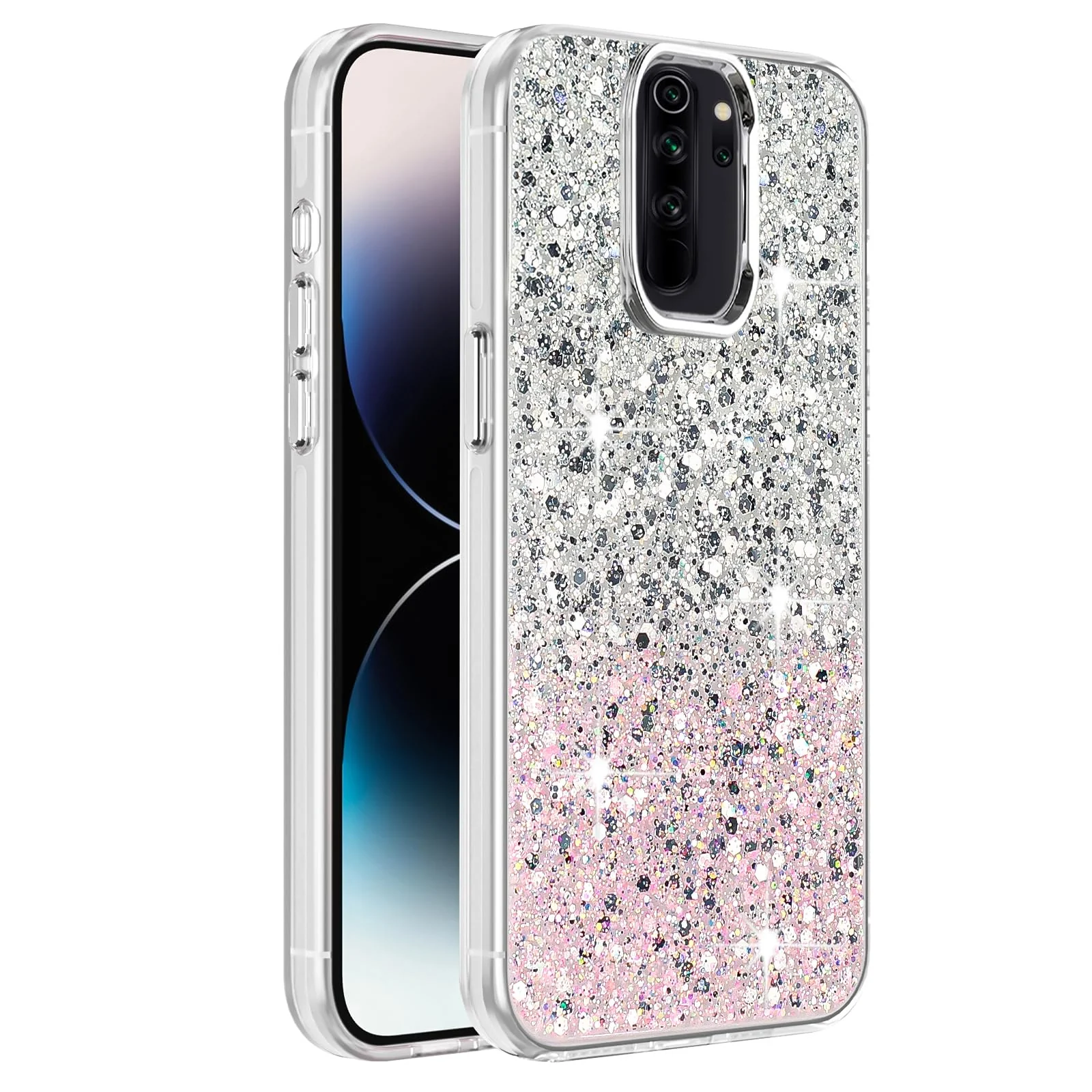 DL3 Mobilak Glitter Protective Case for Xiaomi Redmi Note 8 Pro, Supports wireless charging, Camera protection, Shock-absorbing protection - White Pink