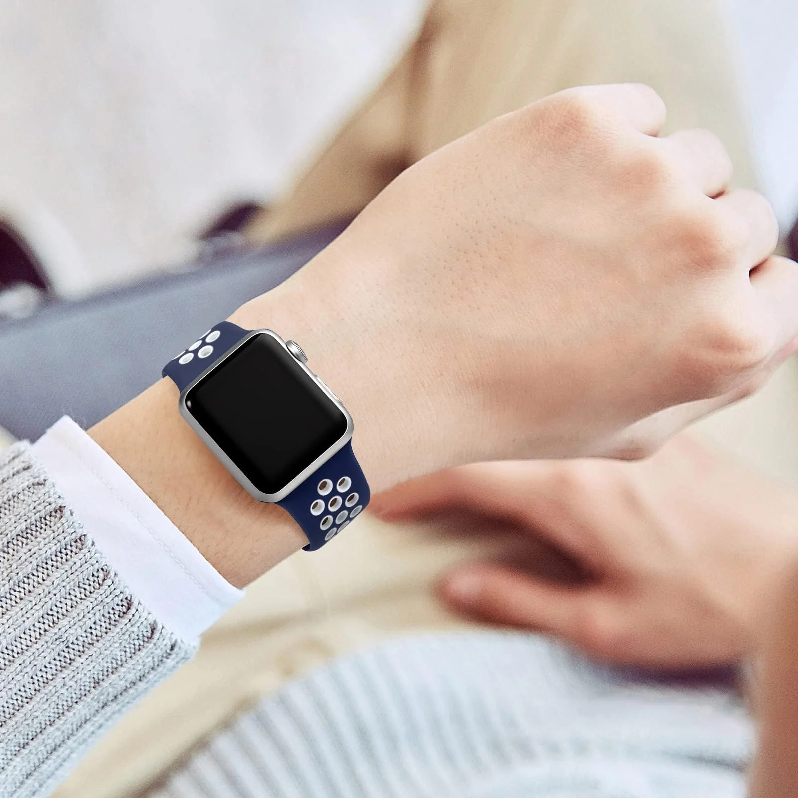 DL3 Mobilak Sport Strap For Apple Watch 49mm 45mm 44mm 42mm 41mm 40mm 38mm, Breathable Silicone Double Hole Band, for iWatch Ultra 2 Series 9 8 7 6 5 4 3 SE (&, 38mm/40mm/41mm) - Blue & White