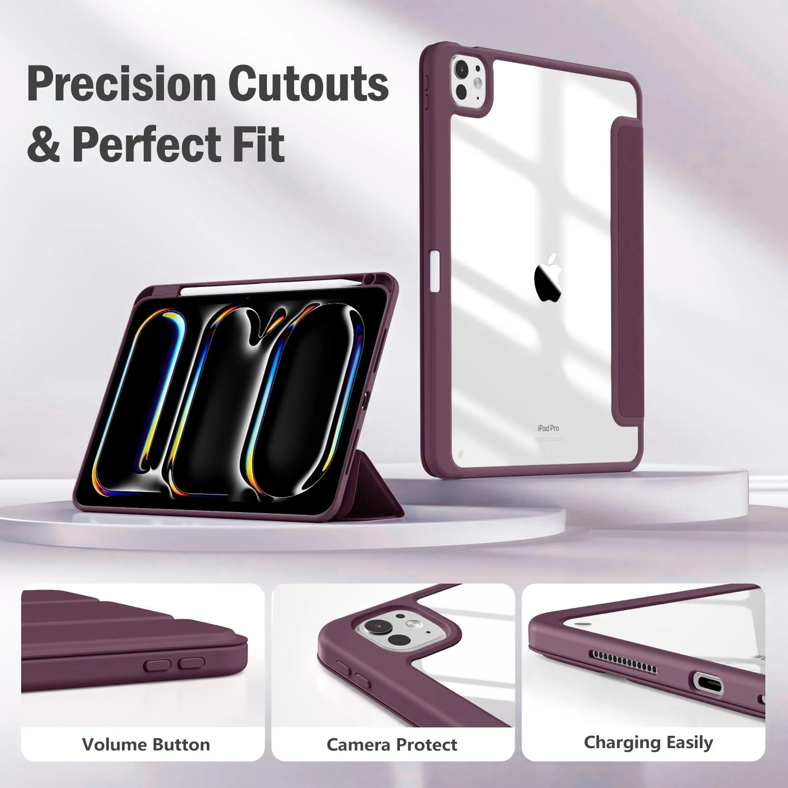 DL3 Mobilak Case for iPad Pro 11-Inch M4 2024 (5th Generation) with Pencil Holder, Clear Transparent Back Shell Slim Stand Shockproof Tablet Cover, Auto Wake/Sleep - Wine Red