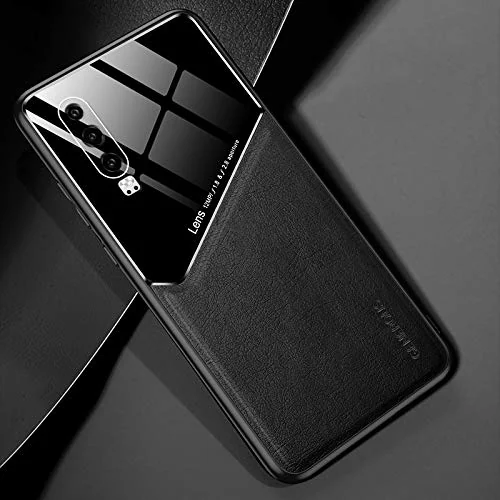 DL3 Mobilak Luxury Case For Huawei p30, Ultra-Thin Soft TPU Frame, Back Leather Mixed Double+Plexiglass Protective Cover With Built-in Car Magnetic - Black