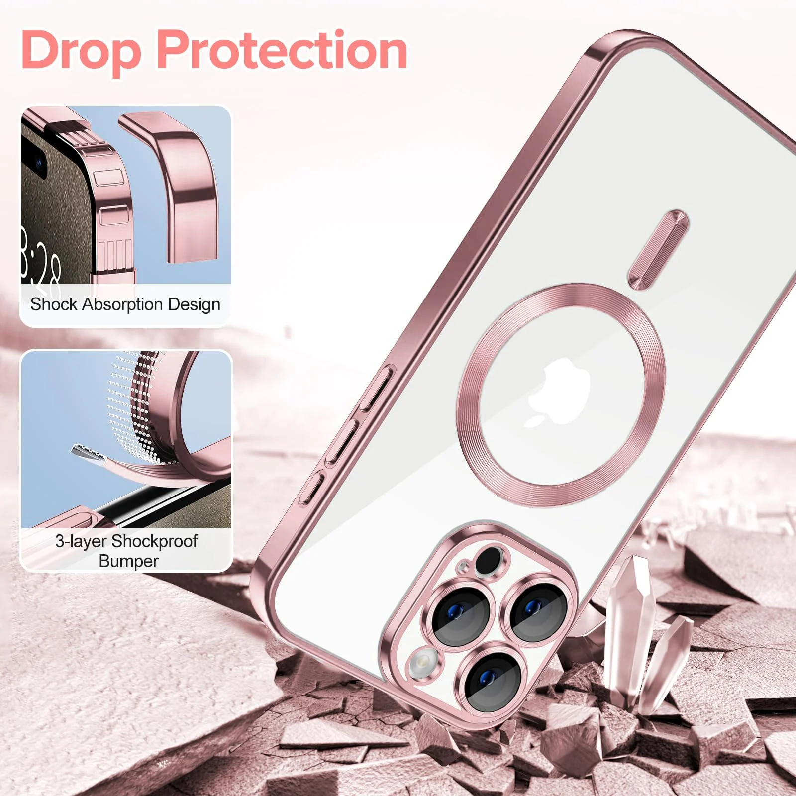 DL3 Mobilak Clear TPU Case for iPhone 13 Pro Max (6.7 Inch) Compatible with, Compatible with MagSafe accessories, Camera protection, Transparent design - Rose Gold