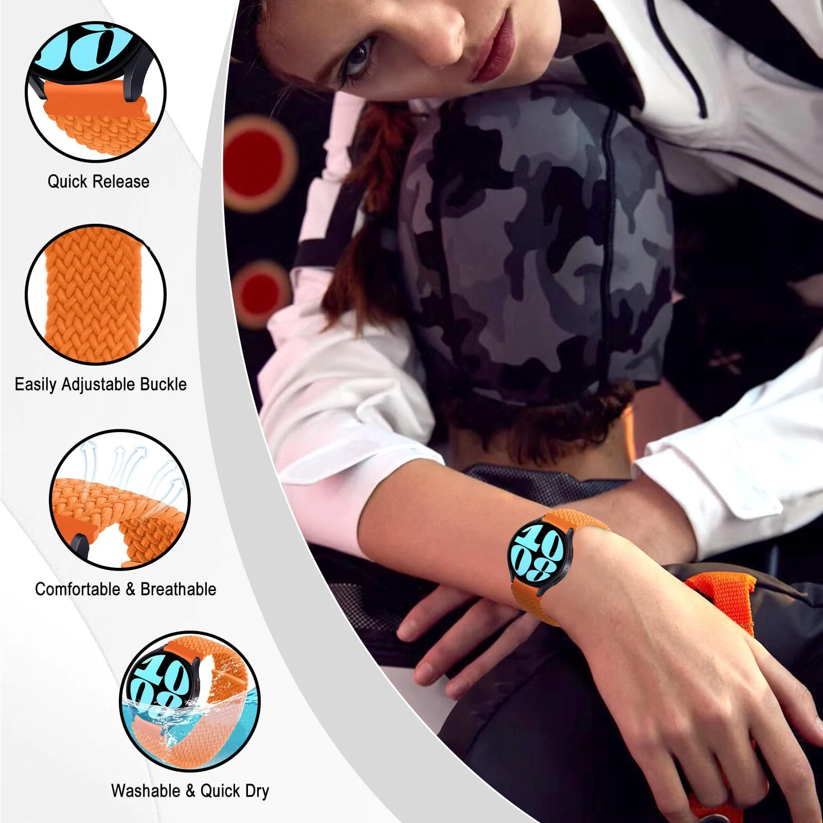 DL3 Mobilak Band 20MM Nylon Braided Solo Loop Strap For Samsung Gear Sport/Watch 6/5/4 40mm 44mm/Watch 6 Classic 43mm 47mm/ 5 Pro 45mm/active 2 40mm 44mm (Orange, Small), unisex-adult - Black