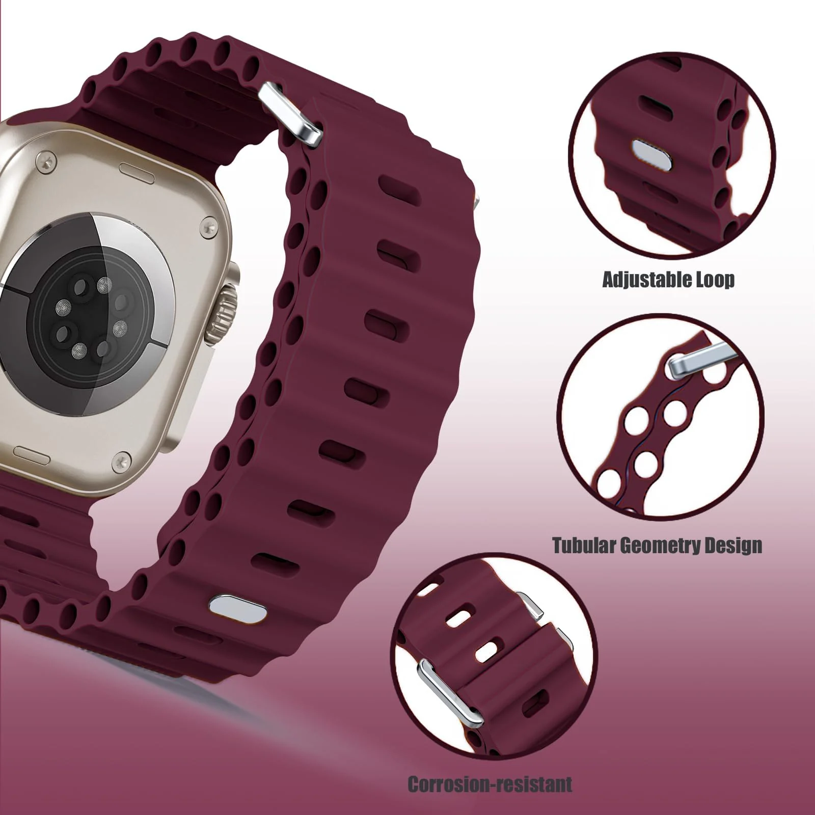 DL3 Mobilak Ocean Band For Apple Watch Ultra 49mm 45mm 44mm 42mm, Waterproof Soft Silicone Sport Wristbands Replacement Strap iWatch Ultra SE 8 7 6 5 4 3 2 1 (42MM/44MM/45MM/49MM) - Wine Red