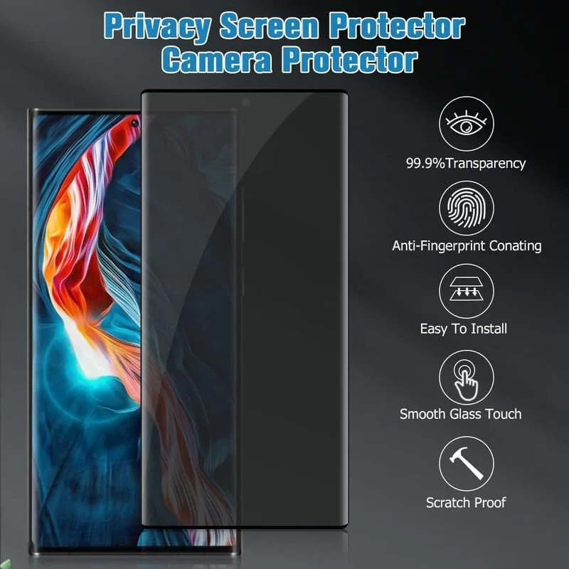 "DL3 Mobilak Screen Protector for Samsung Galaxy S24 Ultra (6.8"") UV Glass Fingerprint Reader Support 3D Curved Anti-Spy Tempered Glass Screen Protector - Privacy"