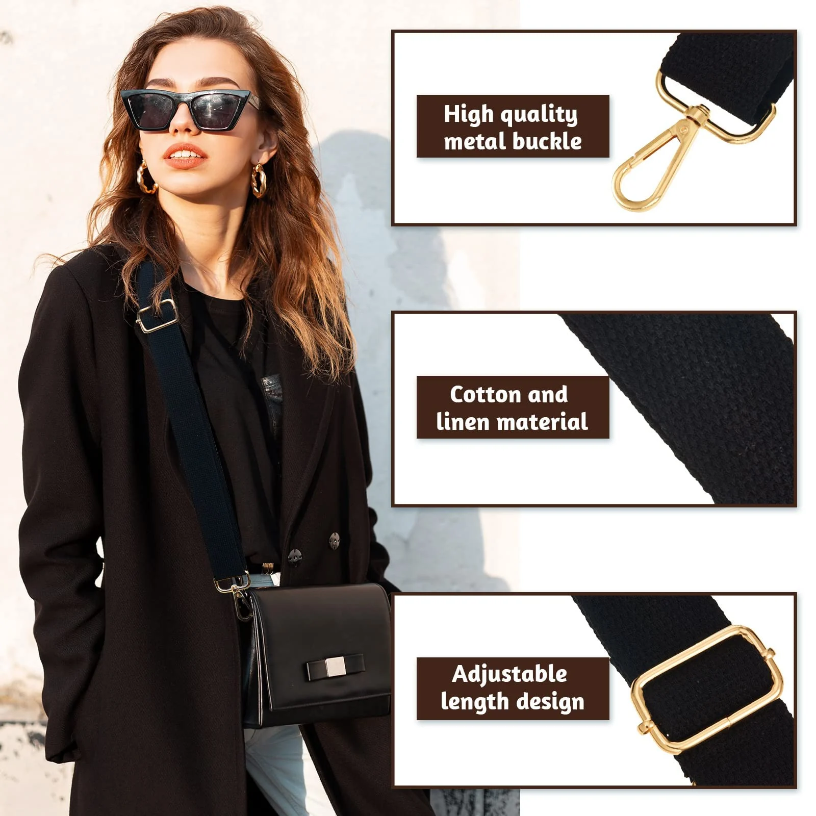 DL3 Mobilak Adjustable Wide Crossbody Bag Strap for Women, Replacement Shoulder Strap for Handbags, Totes & Purses with Elegant Embroidered Pattern and Metal Hooks - Black