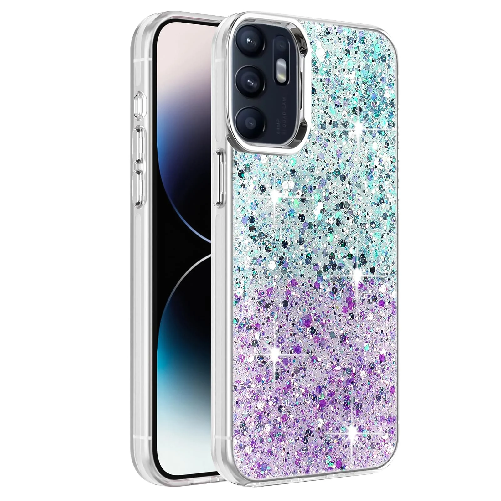 DL3 Mobilak Glitter Protective Case for OPPO Reno 6 4G (Not Reno6 5G), Supports wireless charging, Camera protection, Shock-absorbing protection - Green Purple