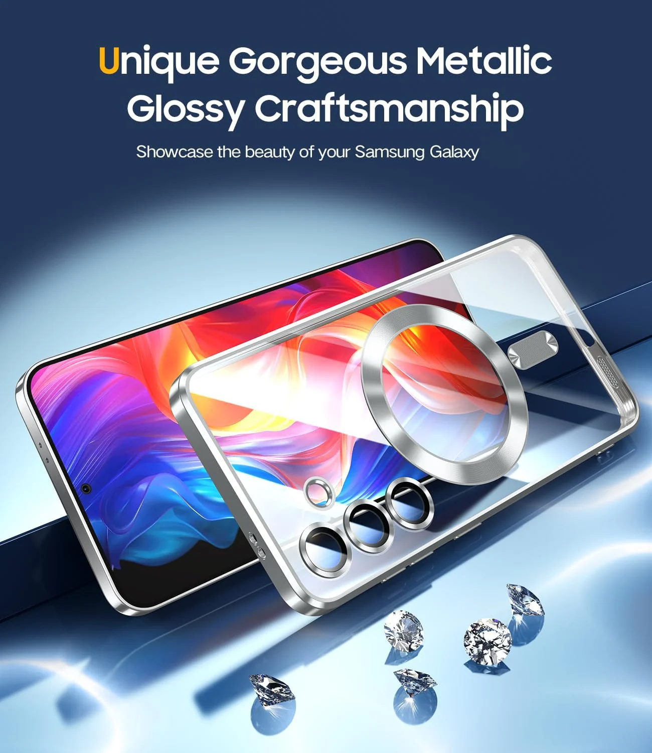 DL3 Mobilak For Samsung Galaxy A55 Magnetic Case, Compatible with MagSafe, Built-in Camera Lens Protector, Luxury Plating Soft TPU Clear Shockproof Slim Thin Cover - Silver