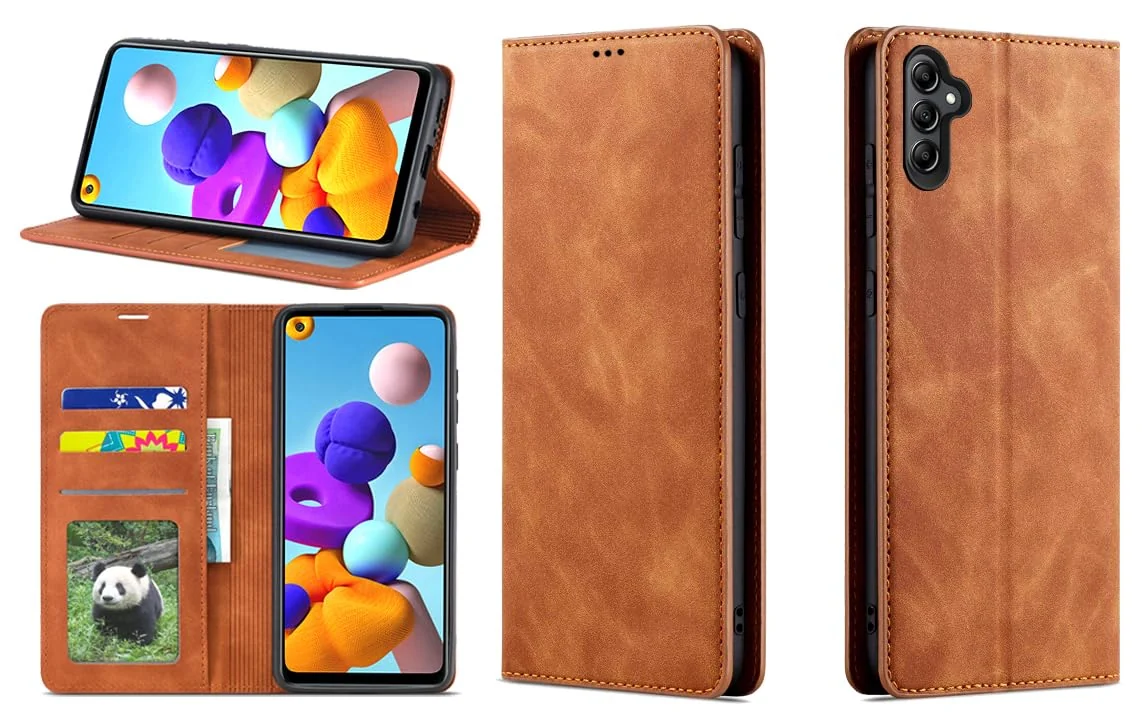 Dl3 Mobilak Premium PU Leather Flip Folio Case for Samsung Galaxy A34 5G, Magnetic Closure Protective Case Kickstand Card Cash Slot Shockproof Durable Wallet Cover Soft TPU (Havana)