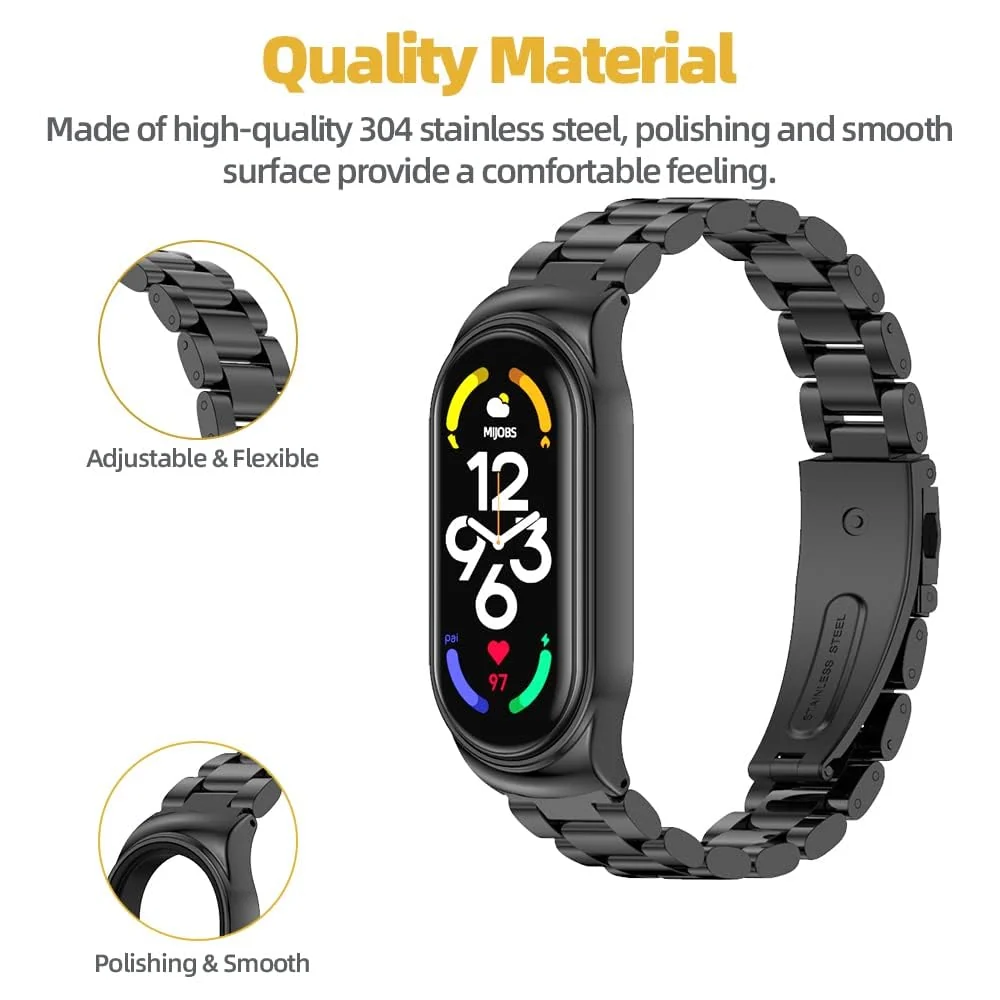 DL3 Mobilak Compatible For Xiaomi Mi Band 7 Strap, Metal Bracelet MiBand 7 Waterproof Stainless Steel Wrist Strap Accessory Band Strap for Xiaomi Mi Smart Band 7 - Black