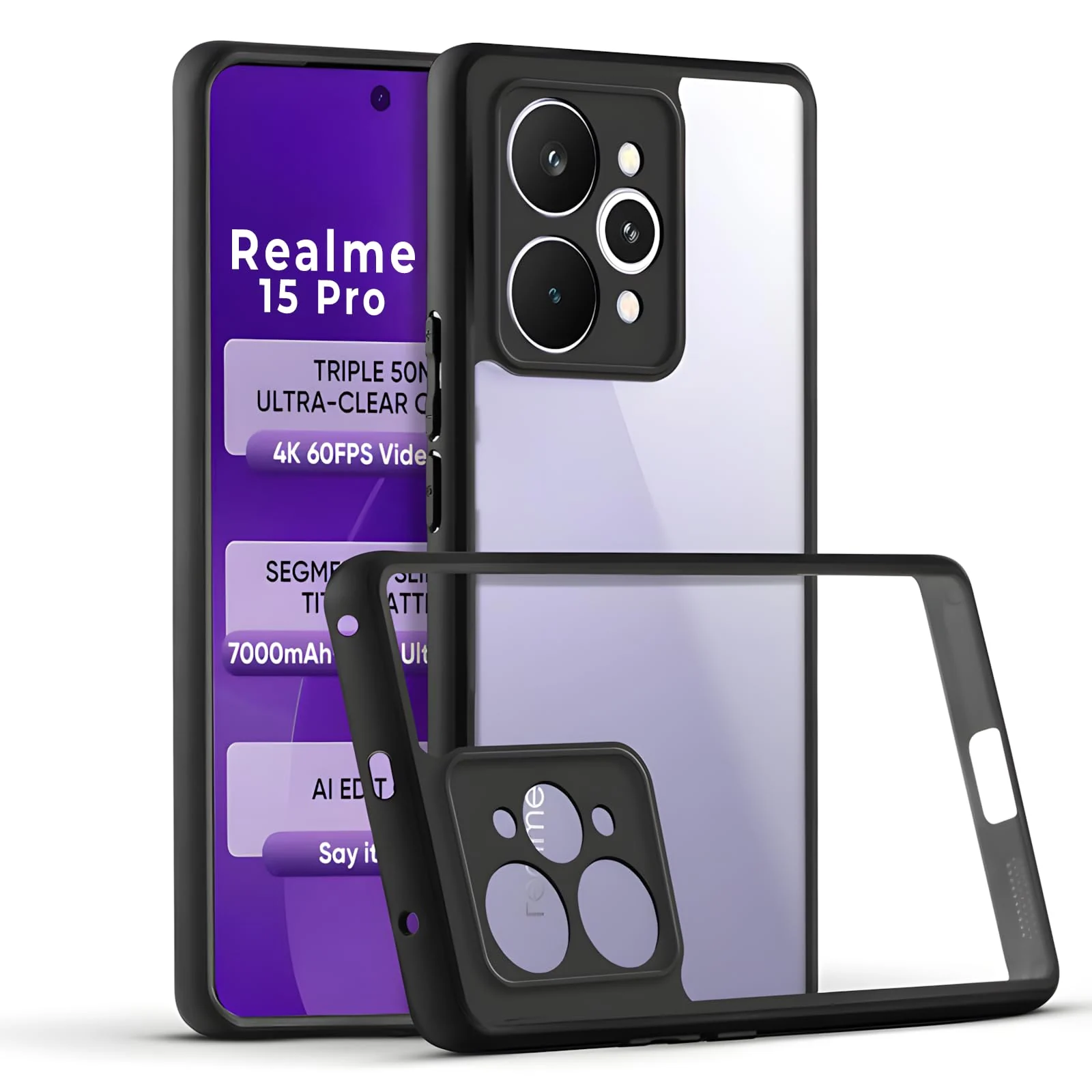 DL3 Mobilak Clear PC and TPU Protective Case for realme 15 Pro 5G with Camera Protection and Military-Grade Protection - Black
