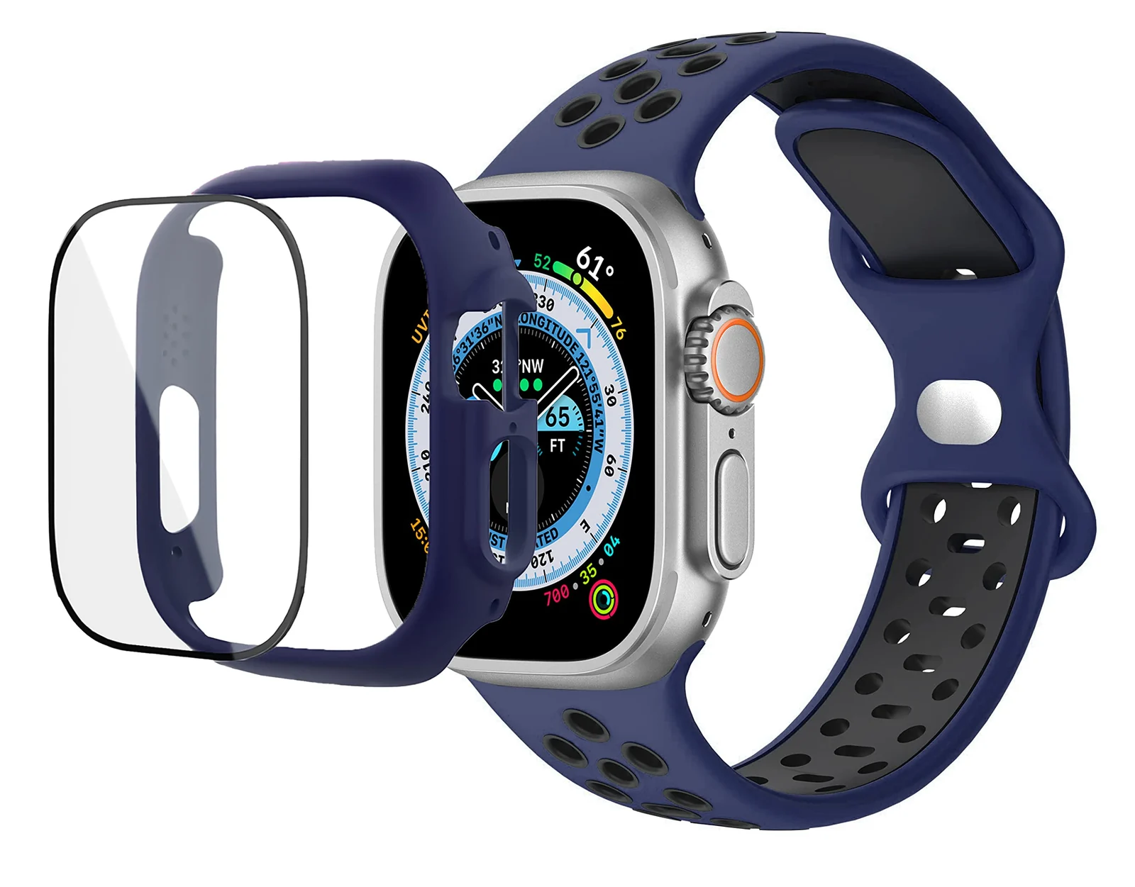 DL3 Mobilak Band with Case For Apple Watch Ultra/Ultra 2 49mm, Adjustable Silicone Sport Wristband Replacement, Strap With Cover Built-in Glass Screen Protector for iWatch Ultra 49 mm - Blue & Black