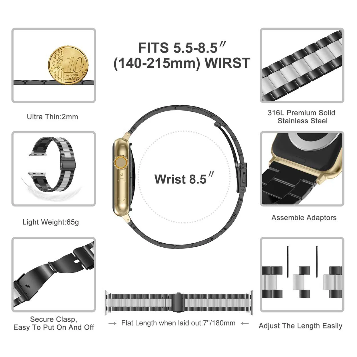 DL3 Mobilak Stainless Steel Band with Case Compatible with Apple Watch Band 45mm Series 9/8/7, Men Woman Business Strap with Protective Bumper Cover for iWatch Series 7/8/9 45mm - Black Silver