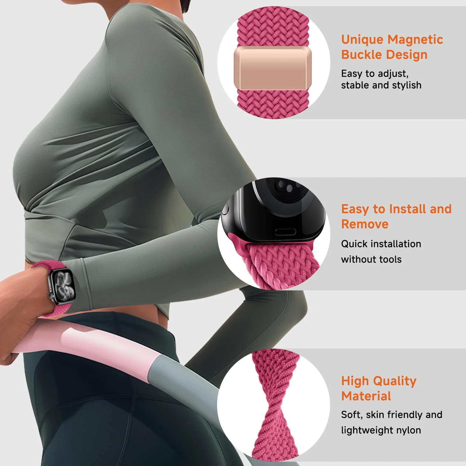 DL3 Mobilak Sport Solo Loop Compatible with Apple Watch Band 42mm 44mm 45mm 46mm 49mm for Women Men, Magnetic Strap Stretchy Braided Wristband for iWatch Series 11 10 9 8 7 6 5 4 3 Ultra 3 2 1 SE SE2 - Hot Pink