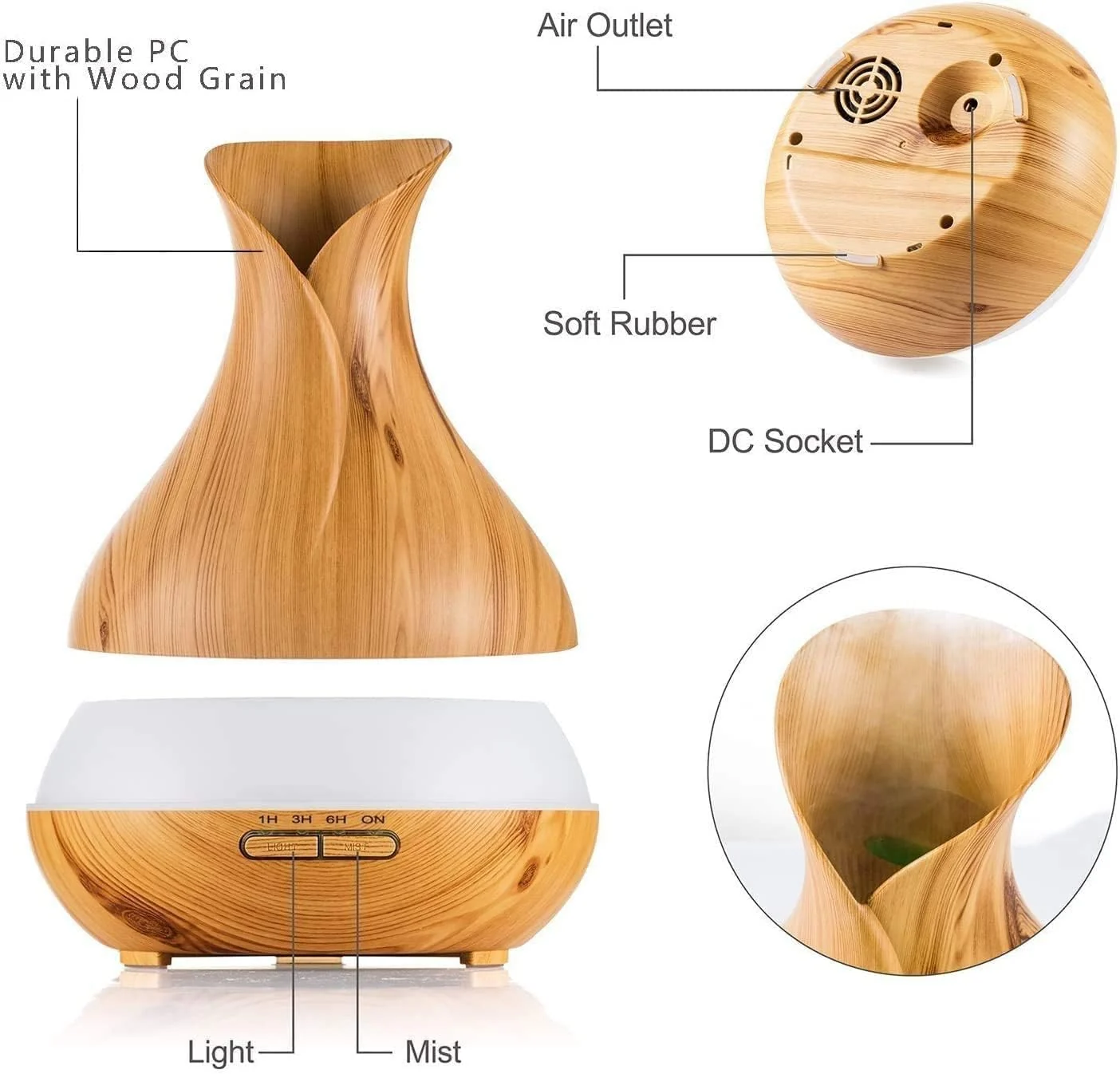 Mobigon Essential Oil Diffuser, Aromatherapy Diffuser 500ml with Remote Control, 4 Timer & Auto-Off Safety Switch, 7 Color LED Lights Mode, 10 Hours Quiet Humidifier for Bedroom - Light Woody