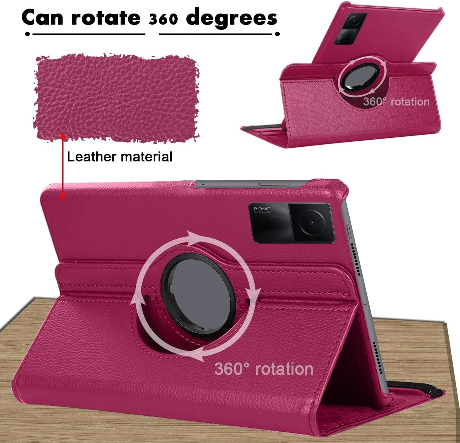 DL3 Mobilak Protective Cover for Xiaomi Redmi Pad SE 11 inch (2023), 360° Rotatable Smart Stand, Leather Folio Flip Cover with Multi-Angle Viewing, Auto Wake Sleep - Pink