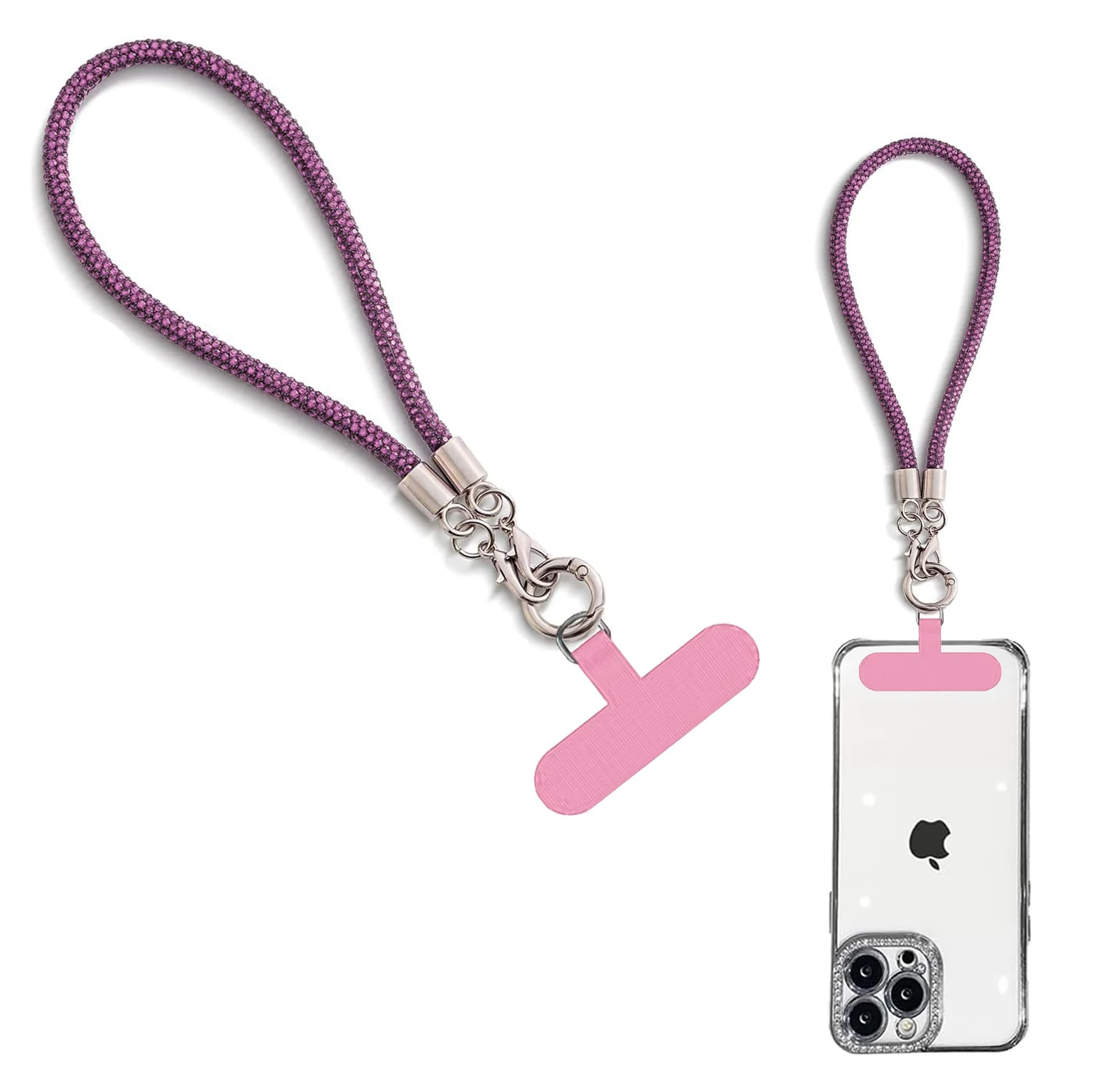 DL3 Mobilak Glitter Phone Wrist Strap, Bling Rhinestone Short Hand Lanyard Bracelet with Keychain & Card Holder, Universal Mobile Phone Chain & Handbag Strap for Women - Purple